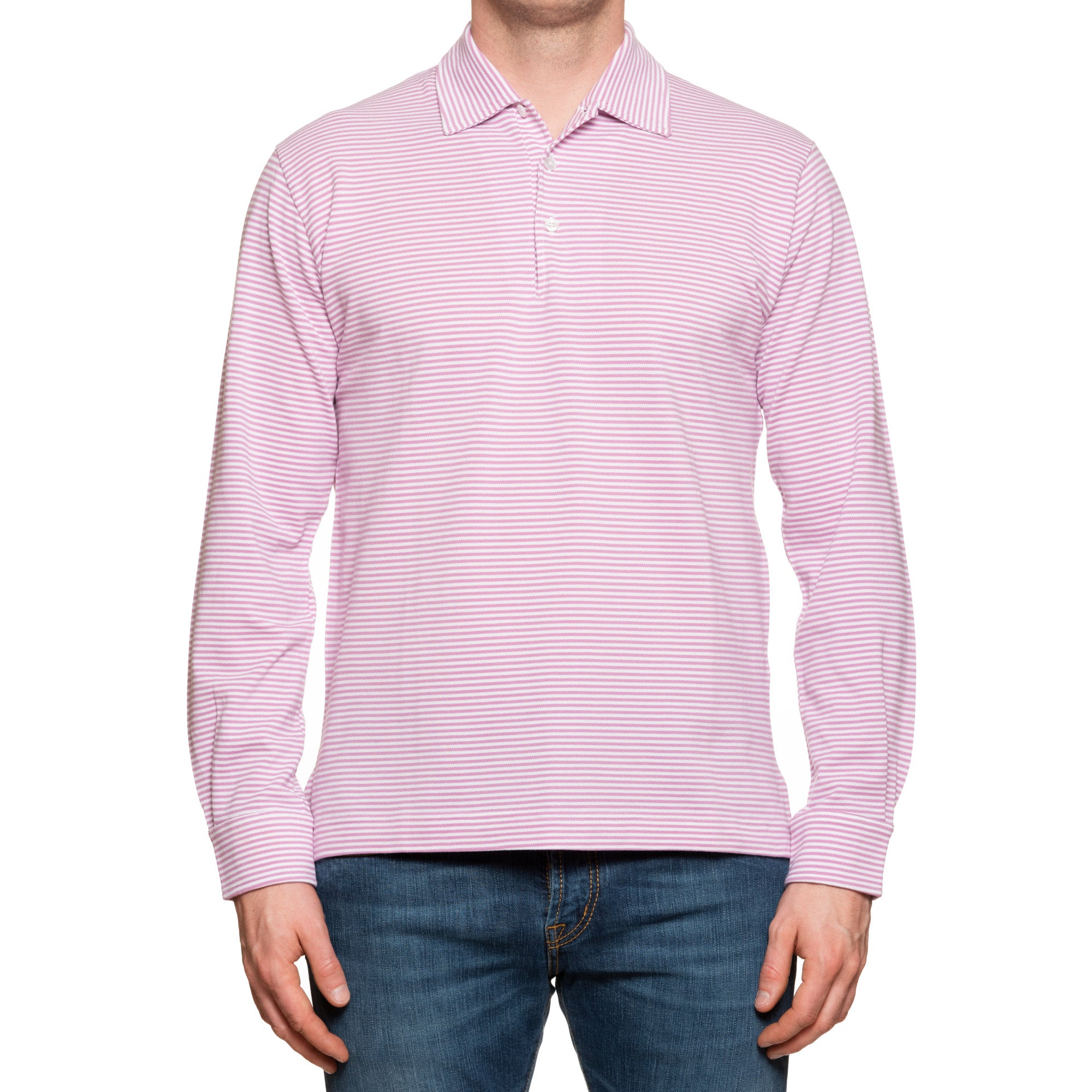 FEDELI Dark Pink Striped Cotton Light Pique Long Sleeve Polo Shirt NEW
