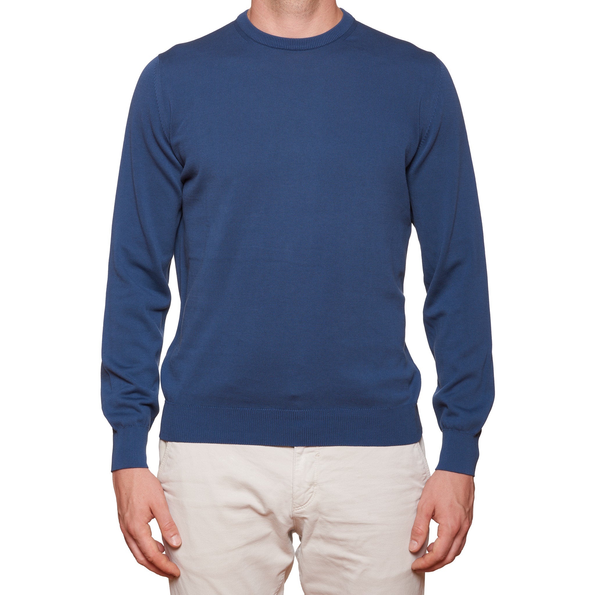 FEDELI Blue Cotton Ribbed Crewneck Sweater NEW Slim Fit FEDELI