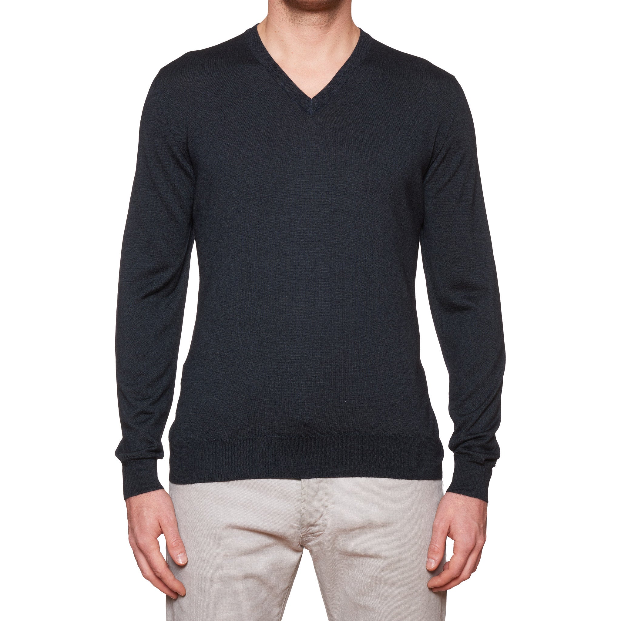 FEDELI Dark Gray Cashmere-Silk V-Neck Sweater EU 52 NEW US L Slim Fit FEDELI