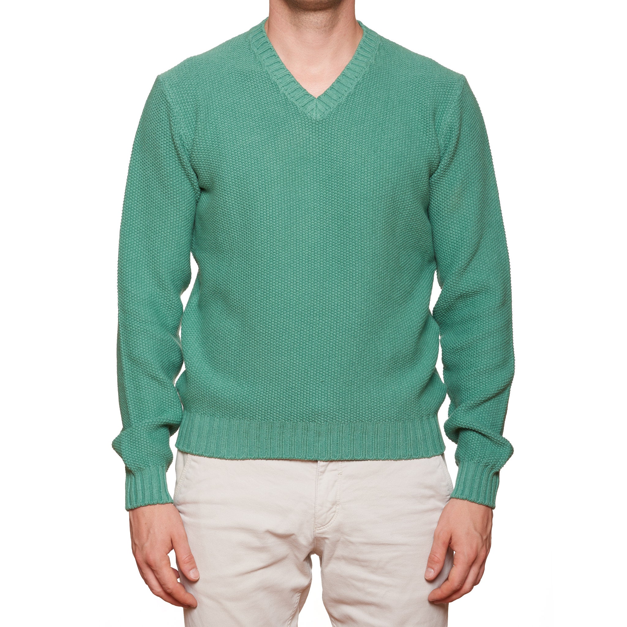 FEDELI Green Cotton Knit V-Neck Sweater EU 50 NEW US M FEDELI