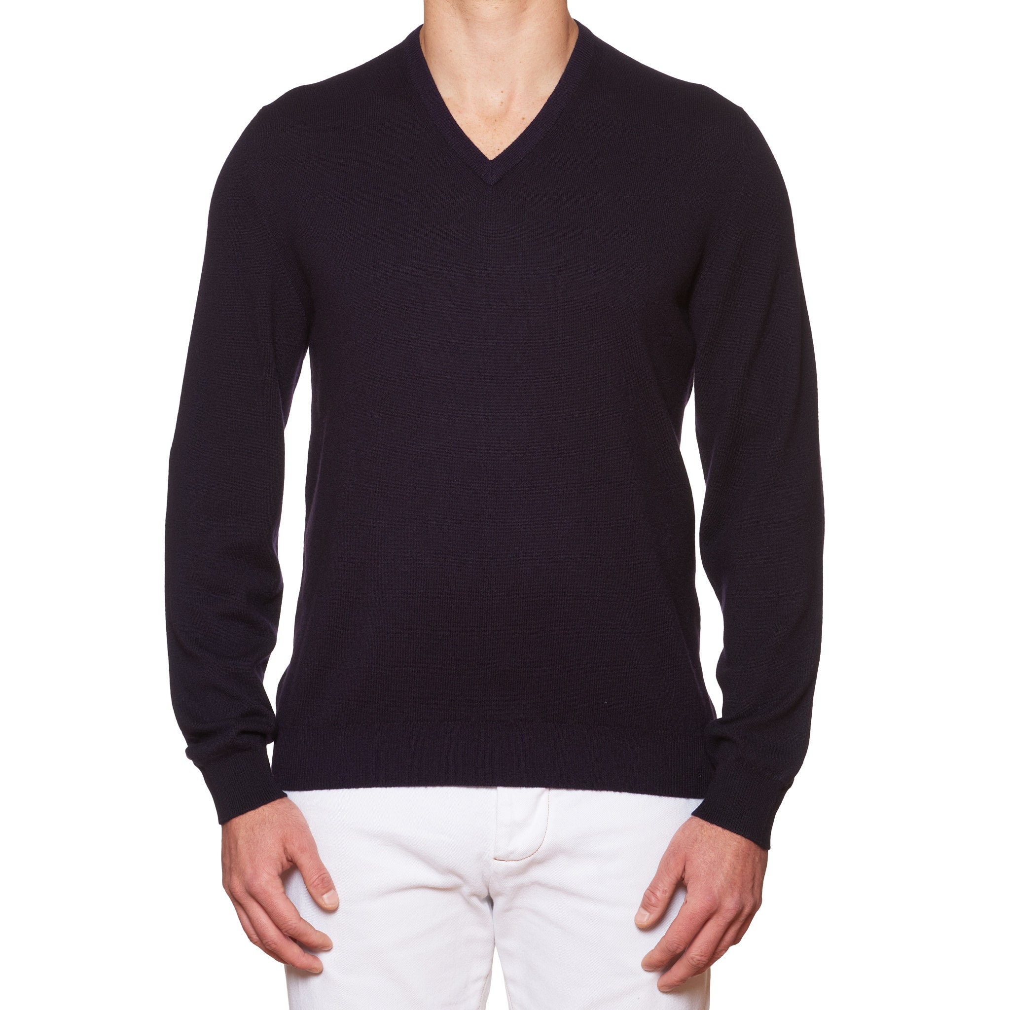 FEDELI Navy Blue Cashmere V-Neck Sweater Slim Fit XXL NEW FEDELI