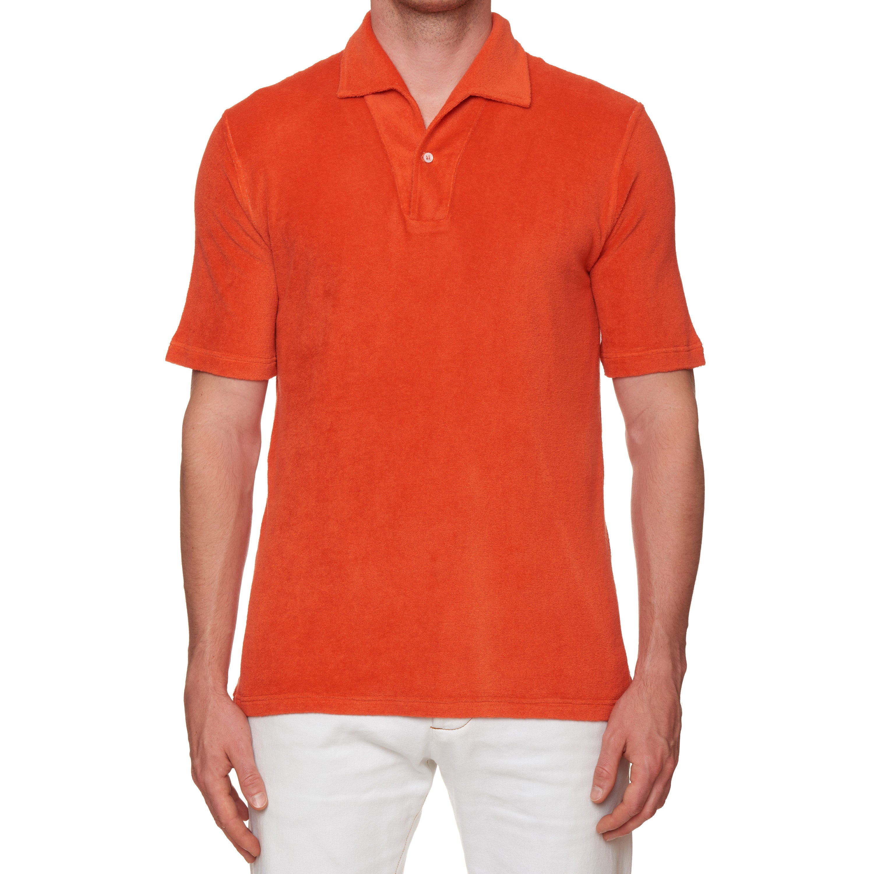 FEDELI Orange Terry Cloth Short Sleeve V-Neck Polo Shirt EU 50 NEW US M Slim Fit FEDELI