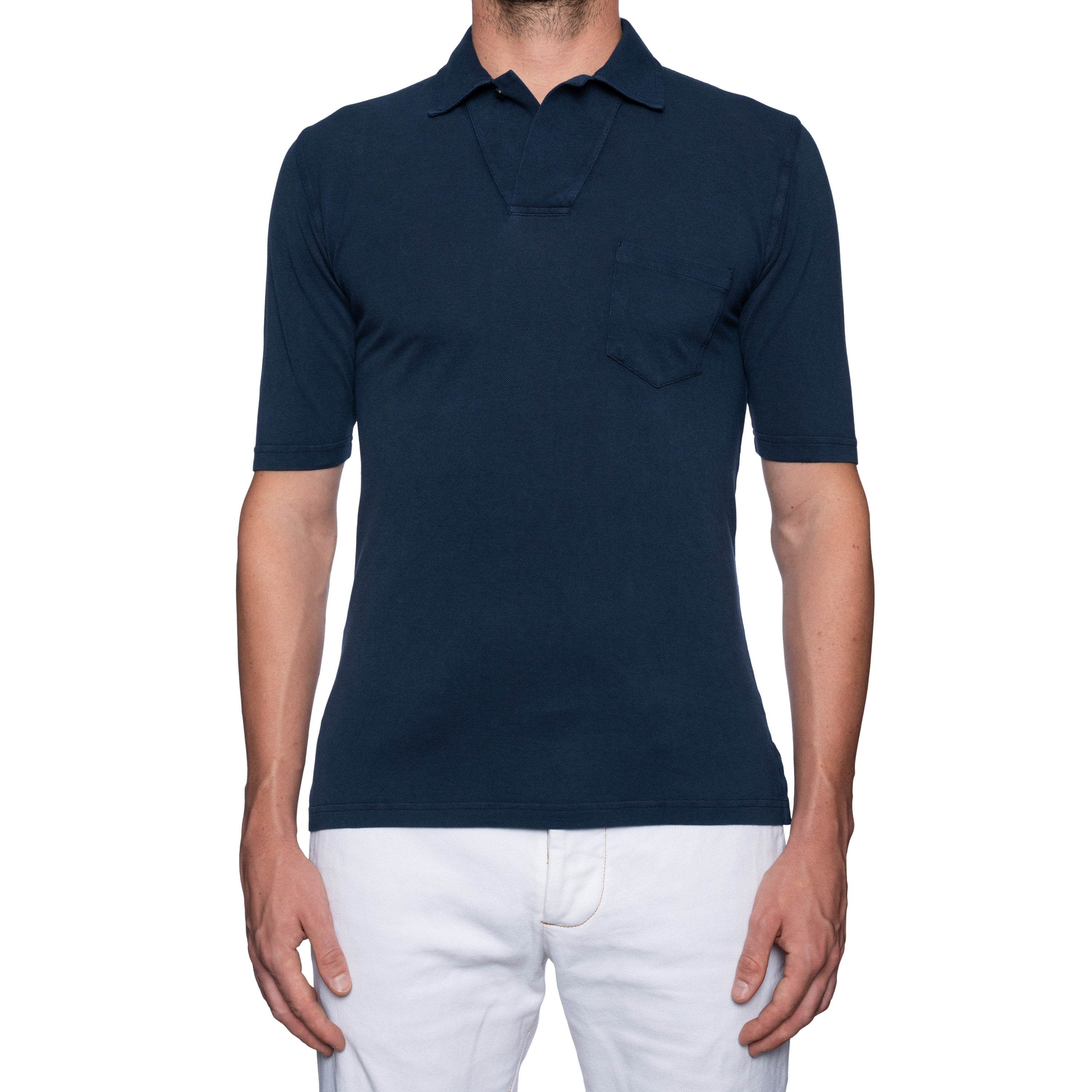FEDELI 34 LAB Navy Blue Cotton Pique Frosted Short Sleeve Polo Shirt EU 48 NEW US S FEDELI