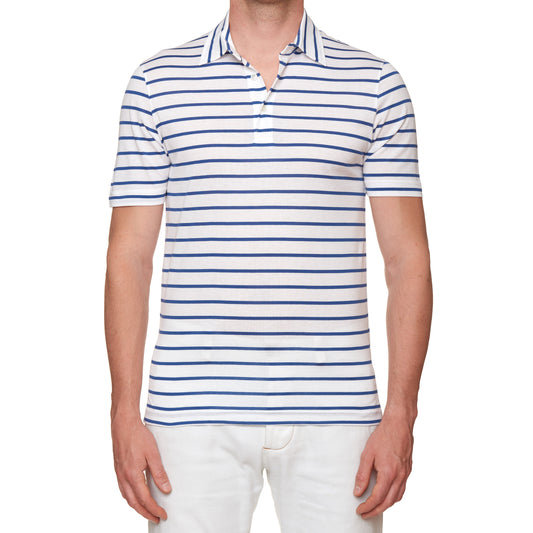 FEDELI "Bell" White Blue Striped Cotton Jersey Short Sleeve Polo Shirt EU 48 NEW US S