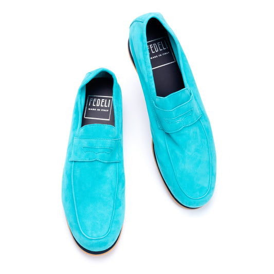 FEDELI "Capri" Turquoise Suede Penny Loafer Shoes with Vibram Sole EU 40 NEW US 7