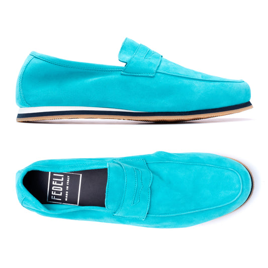FEDELI "Capri" Turquoise Suede Penny Loafer Shoes with Vibram Sole EU 40 NEW US 7