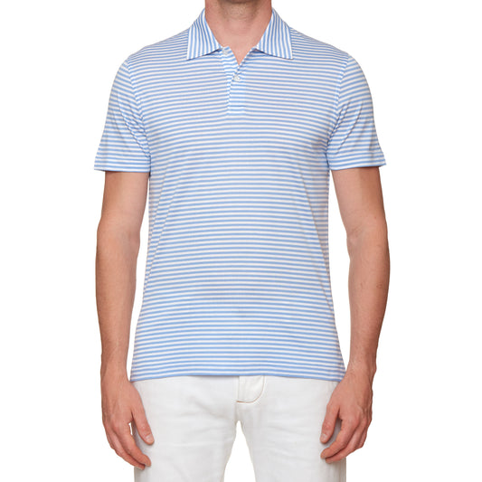 FEDELI "Florida" Blue-White Striped Cotton Jersey Short Sleeve Polo Shirt 46 NEW US XS