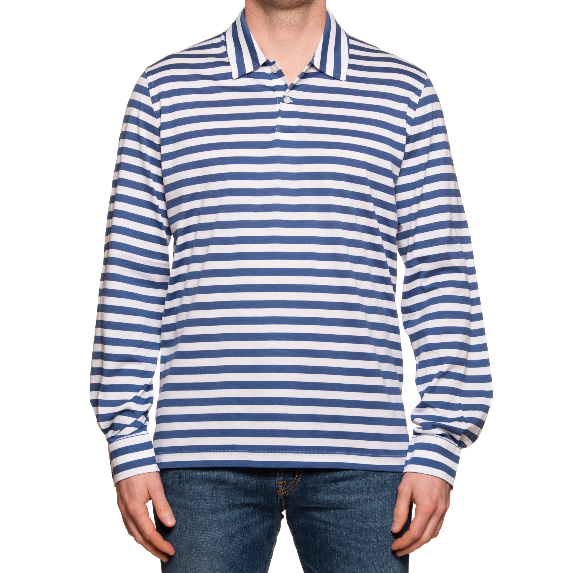 FEDELI "Florida" Blue Striped Cotton Jersey Long Sleeve Polo Shirt EU 56 NEW US 2XL FEDELI