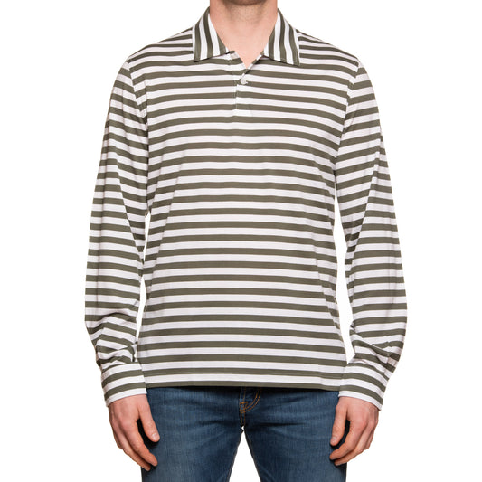 FEDELI "Florida" Olive Striped Cotton Jersey Long Sleeve Polo Shirt EU 56 NEW US 2XL