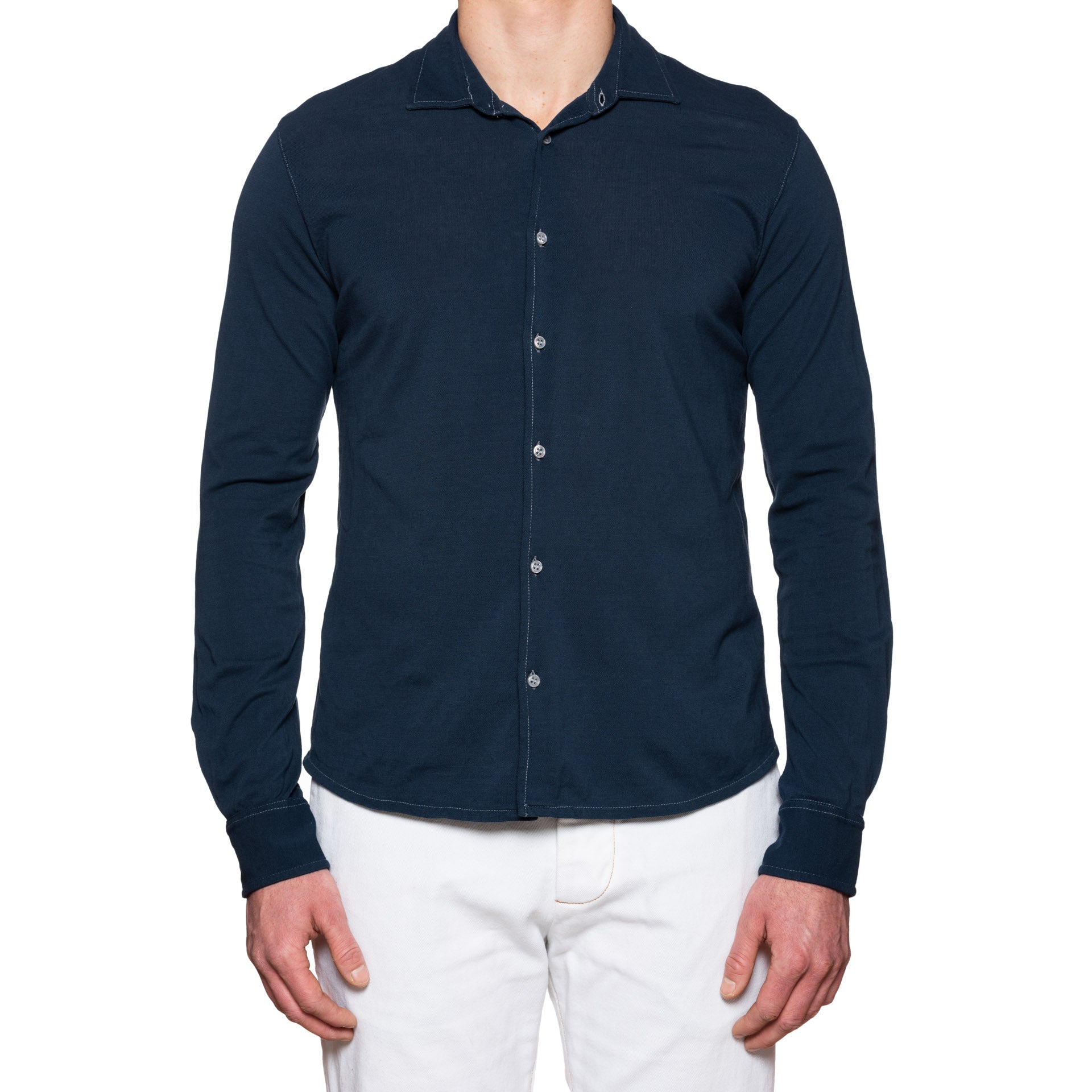 FEDELI "Kaos" Navy Blue Garment Dyed Cotton Pique Shirt 50 NEW M Slim FEDELI