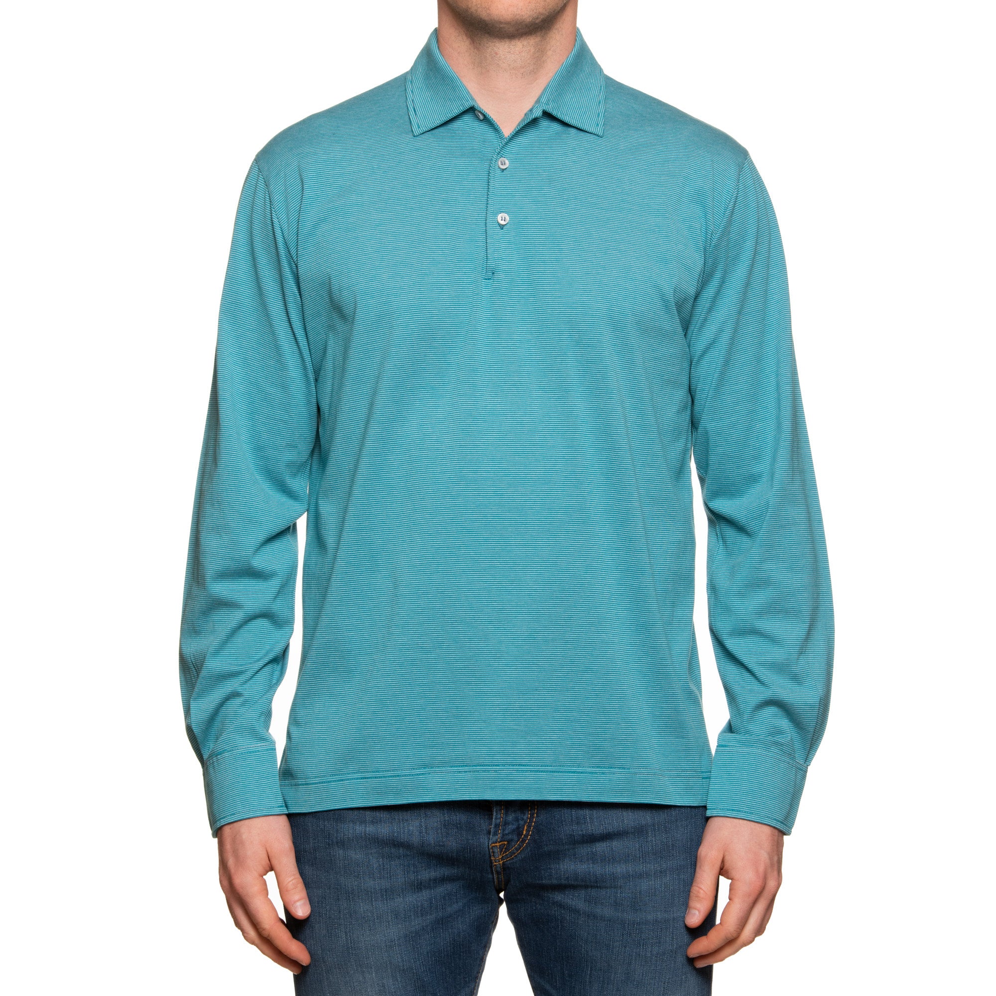 FEDELI "Libeccio" Blue Striped Cotton Jersey Long Sleeve Polo Shirt EU 54 NEW US XL FEDELI