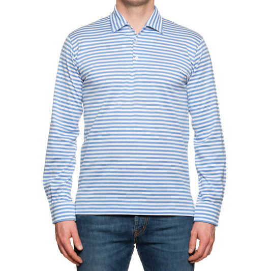 FEDELI "Libeccio" Blue Striped Cotton Light Jersey Long Sleeve Polo Shirt 54 NEW US XL