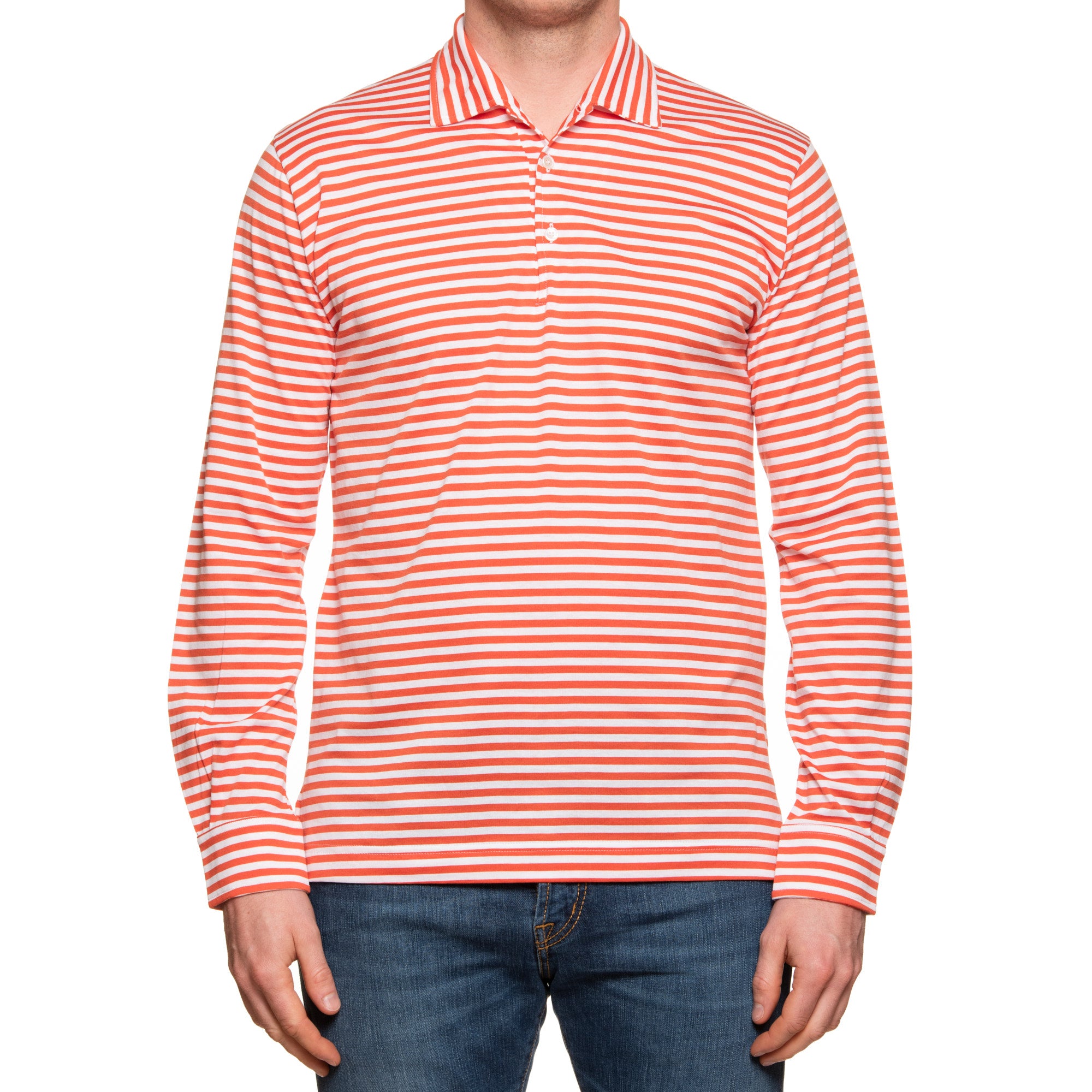 FEDELI "Libeccio" Light Red Striped Cotton Jersey Long Sleeve Polo Shirt 52 NEW US L FEDELI