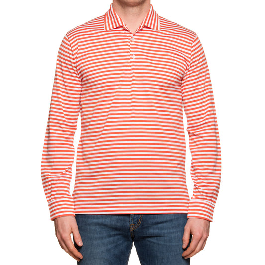FEDELI "Libeccio" Light Red Striped Cotton Jersey Long Sleeve Polo Shirt 52 NEW US L