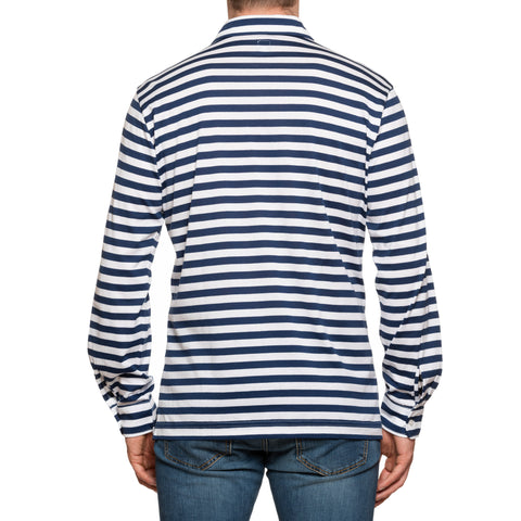 FEDELI "Libeccio" Navy Blue Striped Cotton Jersey Long Sleeve Polo Shirt 56 NEW 2XL