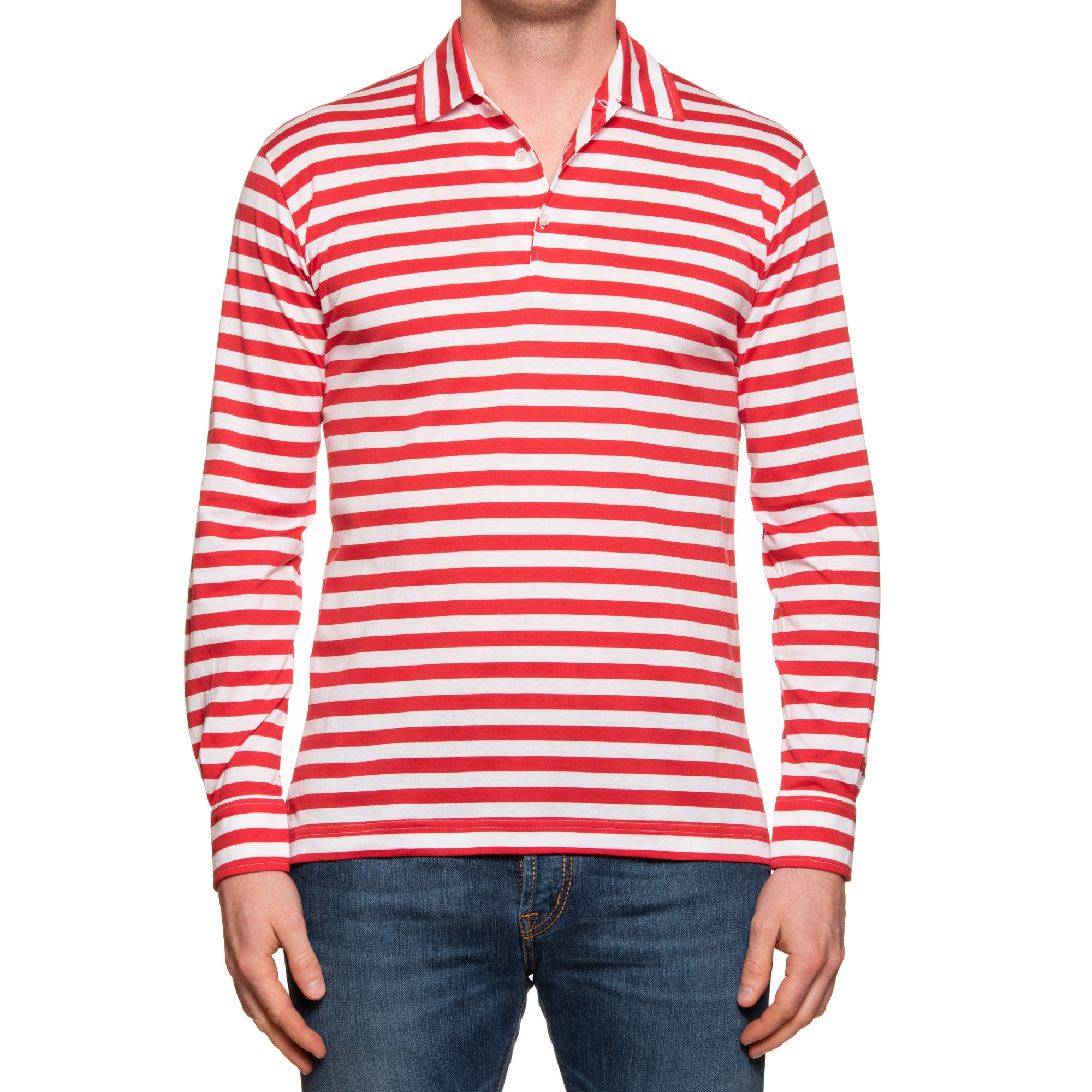 FEDELI "Libeccio" Red Striped Cotton Jersey Long Sleeve Polo Shirt EU 50 NEW US M FEDELI