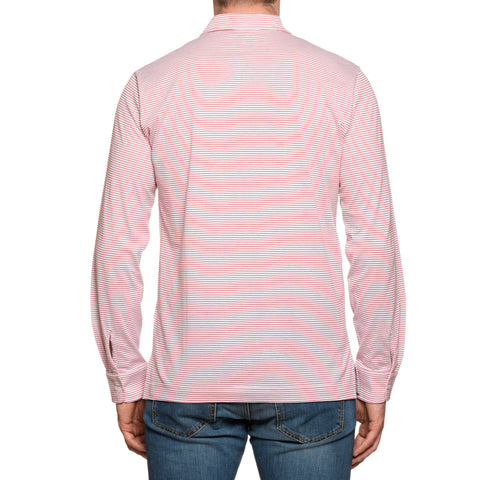FEDELI "Libeccio" Red Striped Cotton Light Jersey Long Sleeve Polo Shirt NEW
