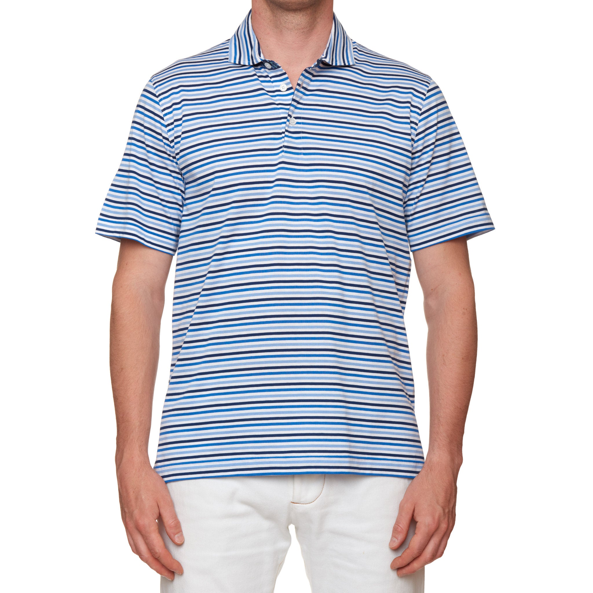 FEDELI "Manuel" Blue-White Striped Cotton Jersey Polo Shirt EU 58 NEW US 3XL