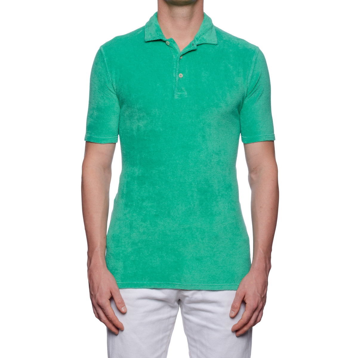 FEDELI "Mondial" Green Terry Cloth Short Sleeve Polo Shirt EU 48 NEW US S Slim Fit