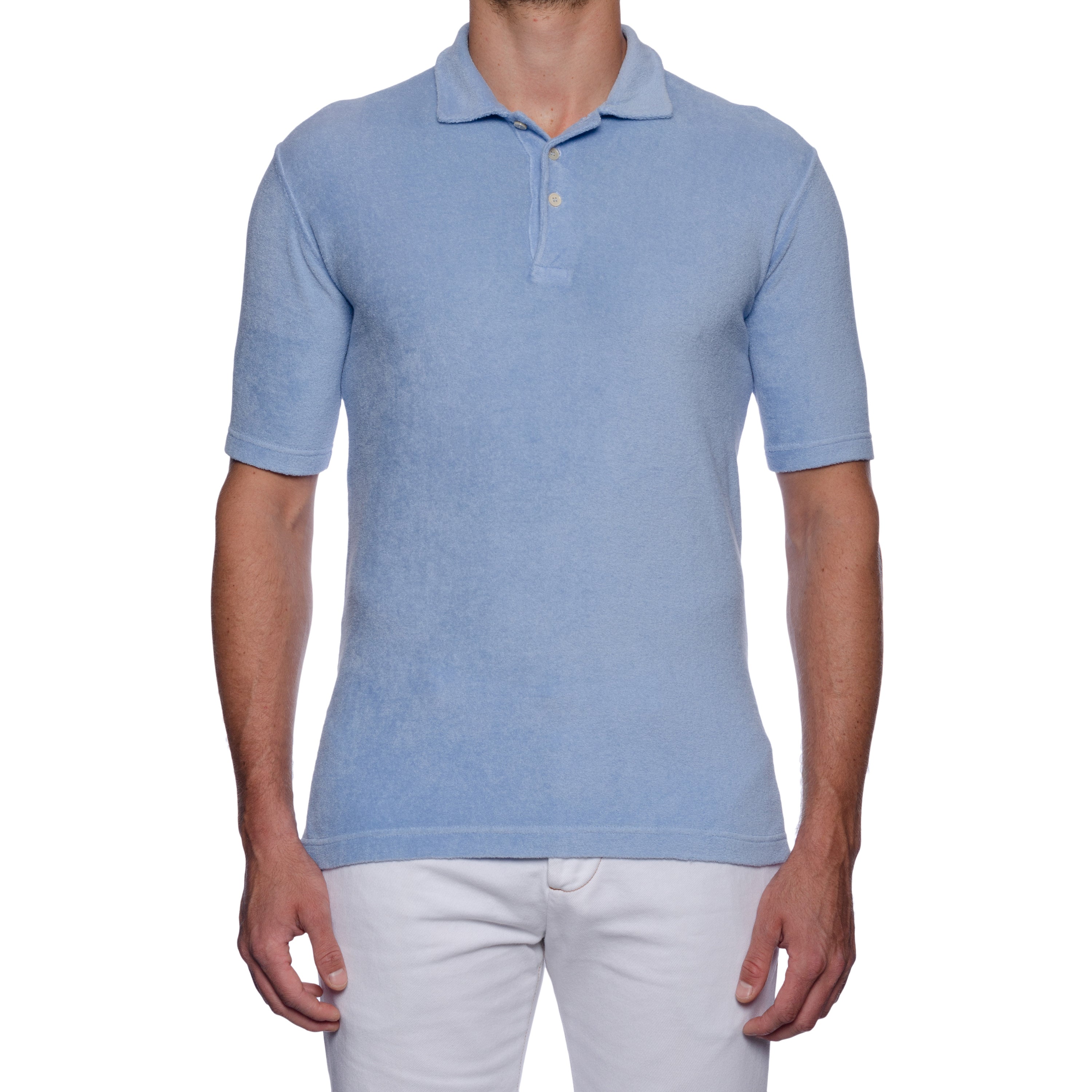 FEDELI "Mondial" Blue Terry Cloth Short Sleeve Polo Shirt EU 46 NEW US XS Slim