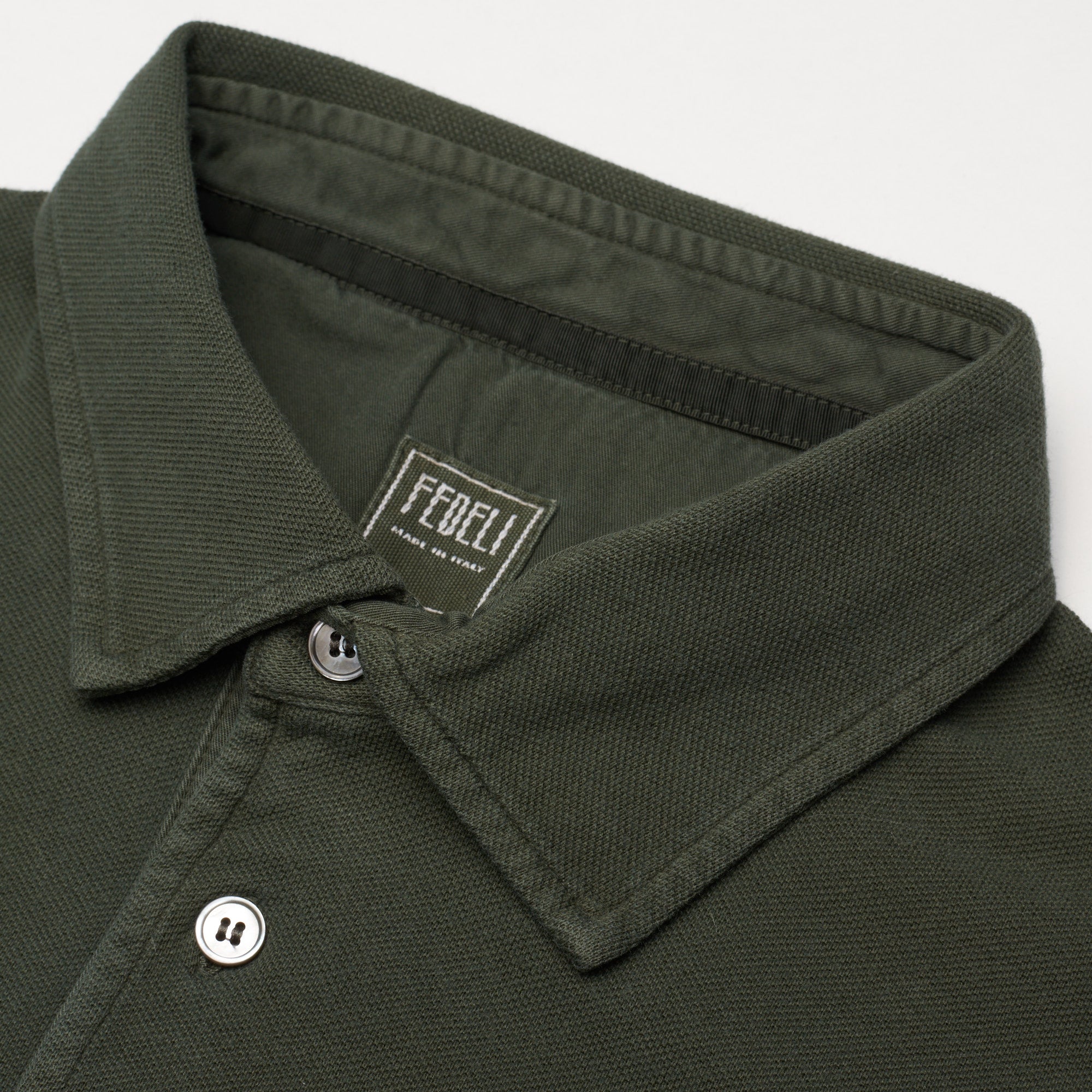 FEDELI "North" Solid Army Green Cotton Pique Long Sleeve Polo Shirt NEW