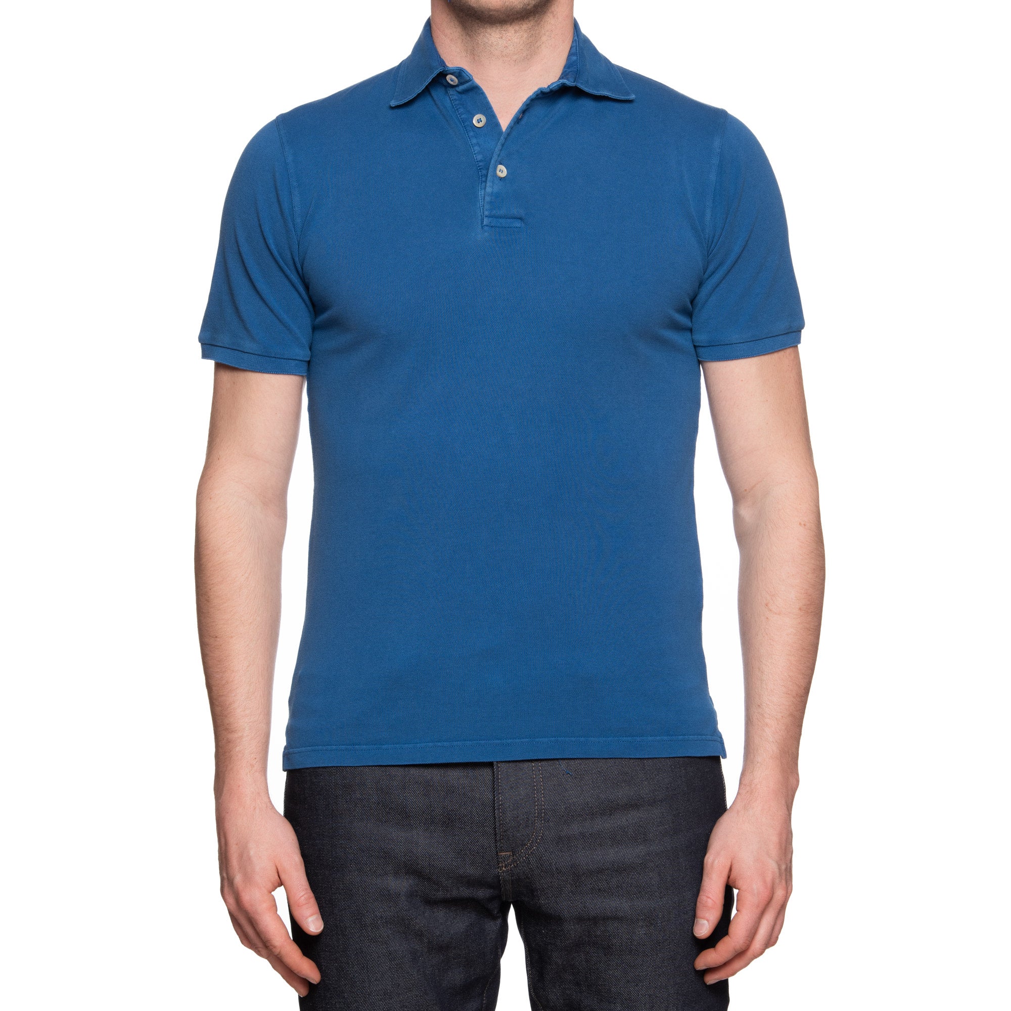 FEDELI "North" Solid Blue Cotton Pique Short Sleeve Polo Shirt EU 46 NEW US XS