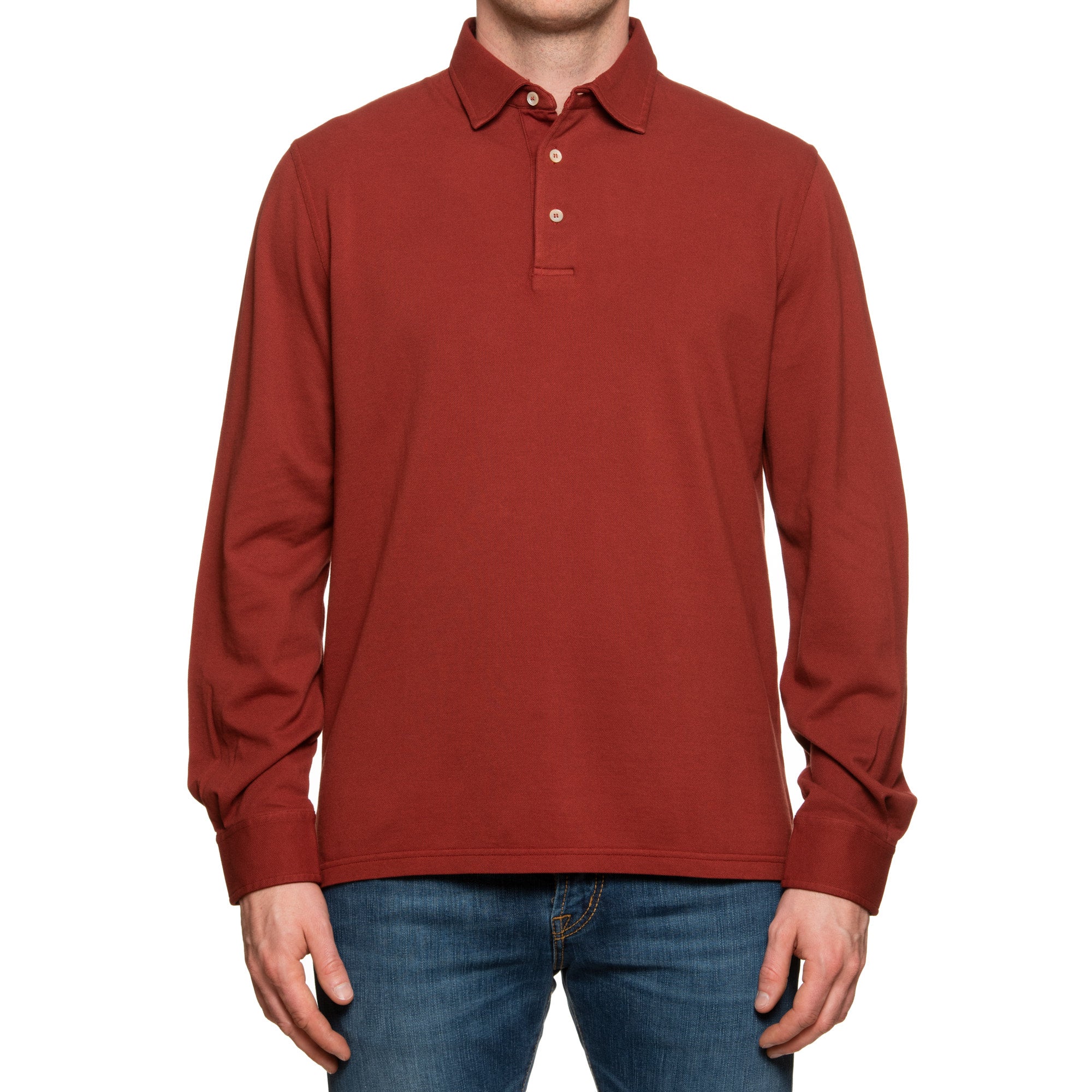 FEDELI "North" Solid Brick Red Cotton Pique Long Sleeve Polo Shirt EU 54 NEW US XL
