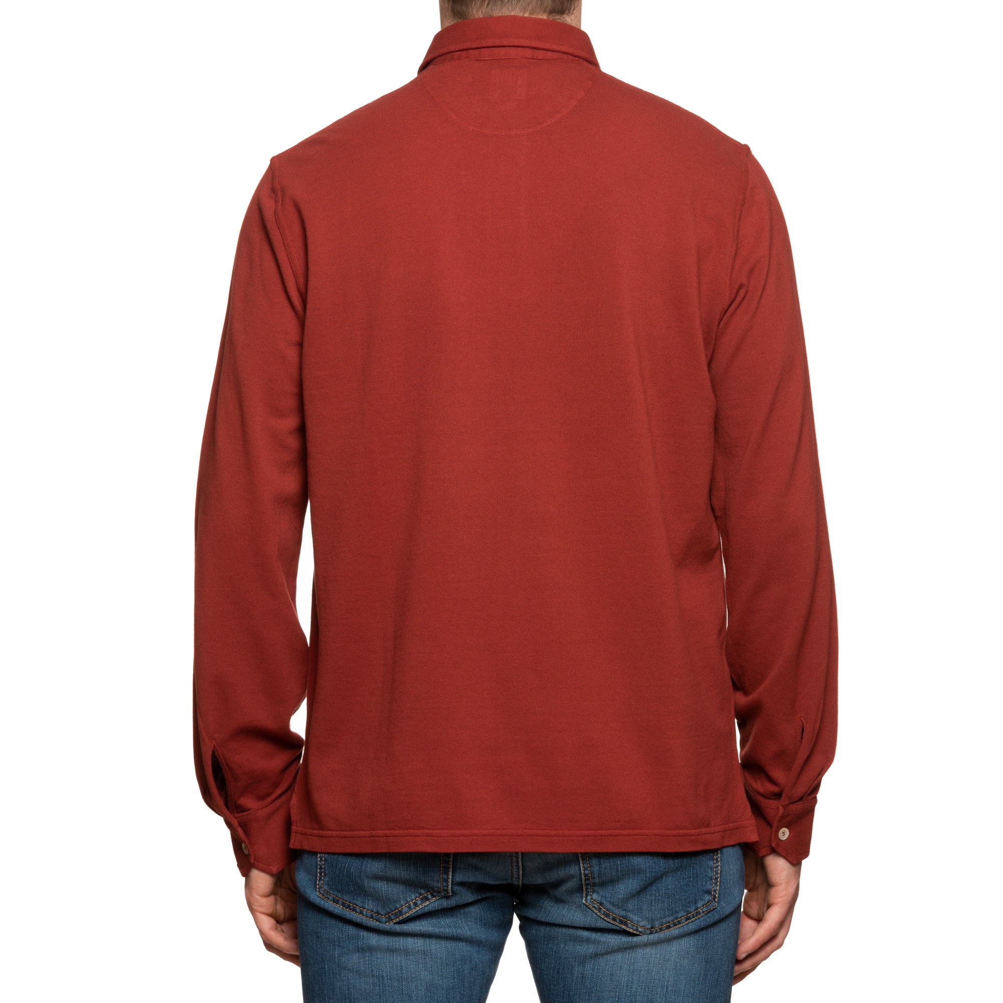 FEDELI "North" Solid Brick Red Cotton Pique Long Sleeve Polo Shirt EU 54 NEW US XL