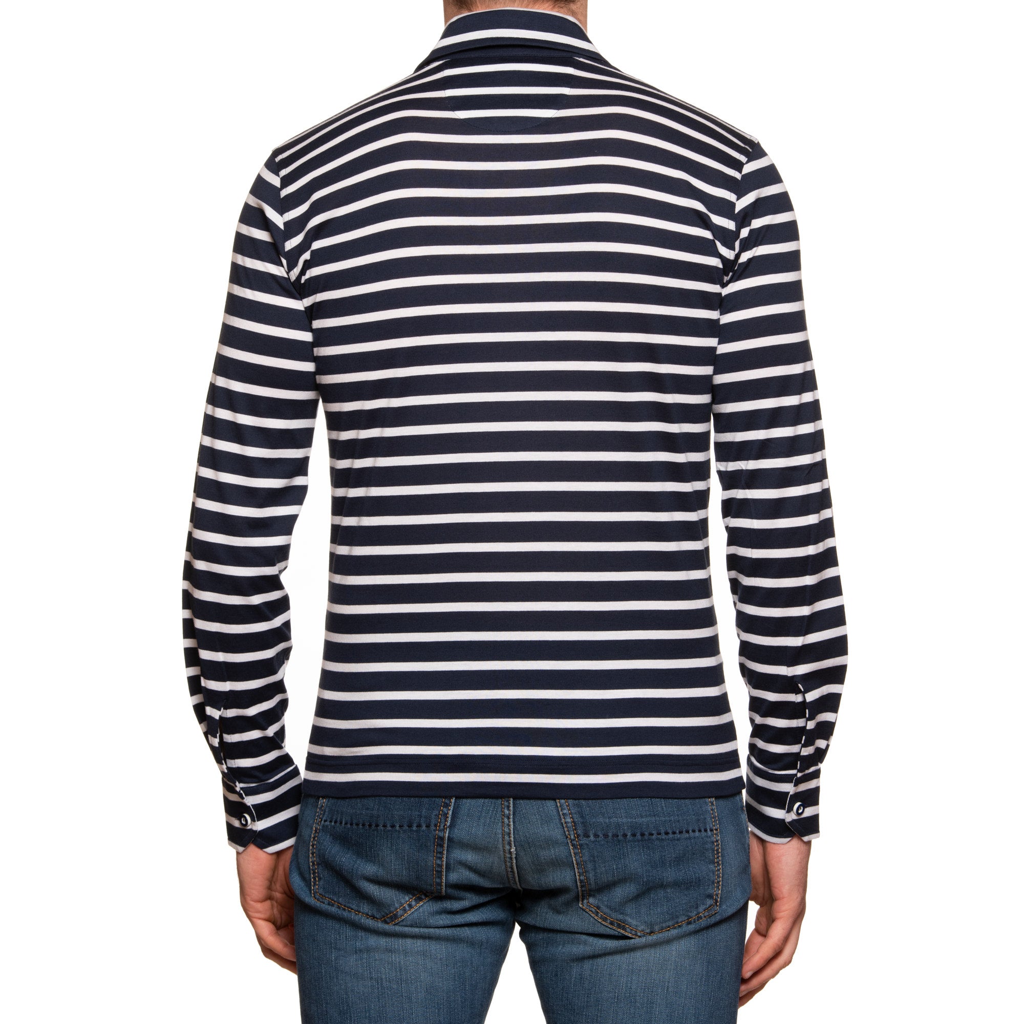 FEDELI "Partenope" Navy Blue Striped Sea Island Cotton Jersey Polo Shirt 50 NEW US M FEDELI