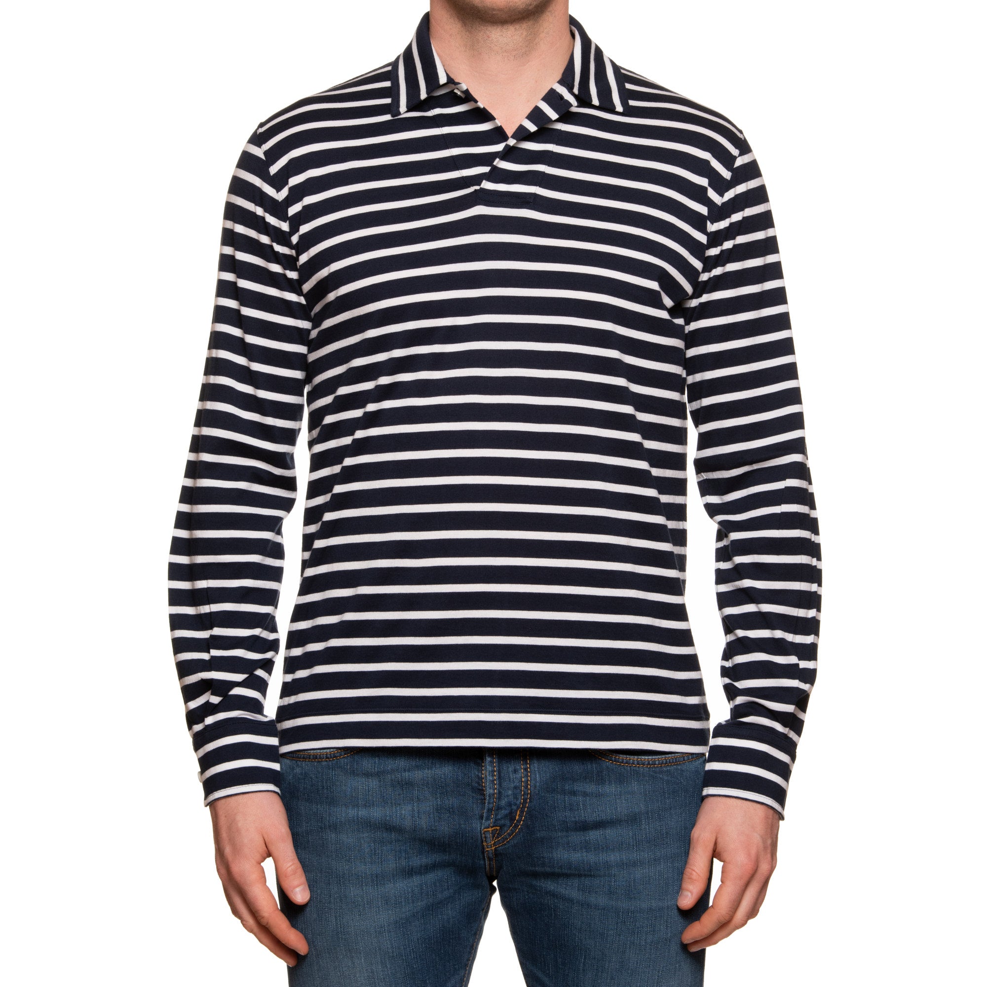 FEDELI "Partenope" Navy Blue Striped Sea Island Cotton Jersey Polo Shirt 50 NEW US M FEDELI