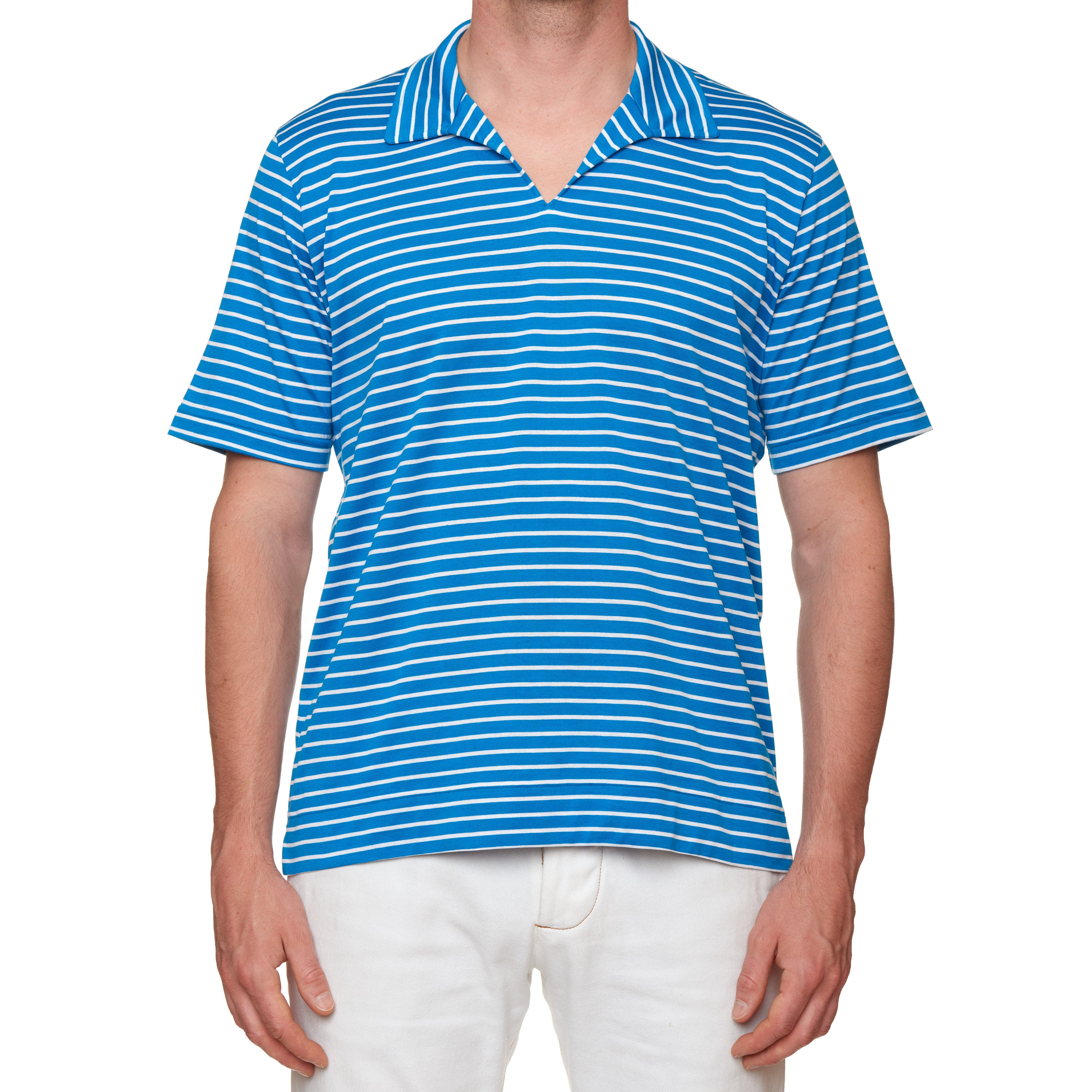 FEDELI Peter Blue-White Striped Cotton Jersey Short Sleeve Polo Shirt 54 NEW US XL FEDELI