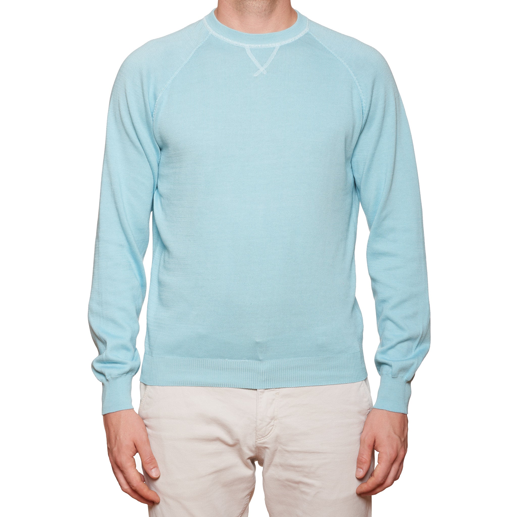 FEDELI "Tiger" Light Turquoise Supima Cotton Raglan Crewneck Sweater 50 NEW US M FEDELI