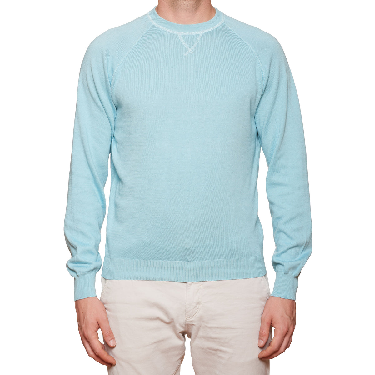 FEDELI "Tiger" Light Turquoise Supima Cotton Raglan Crewneck Sweater 50 NEW US M