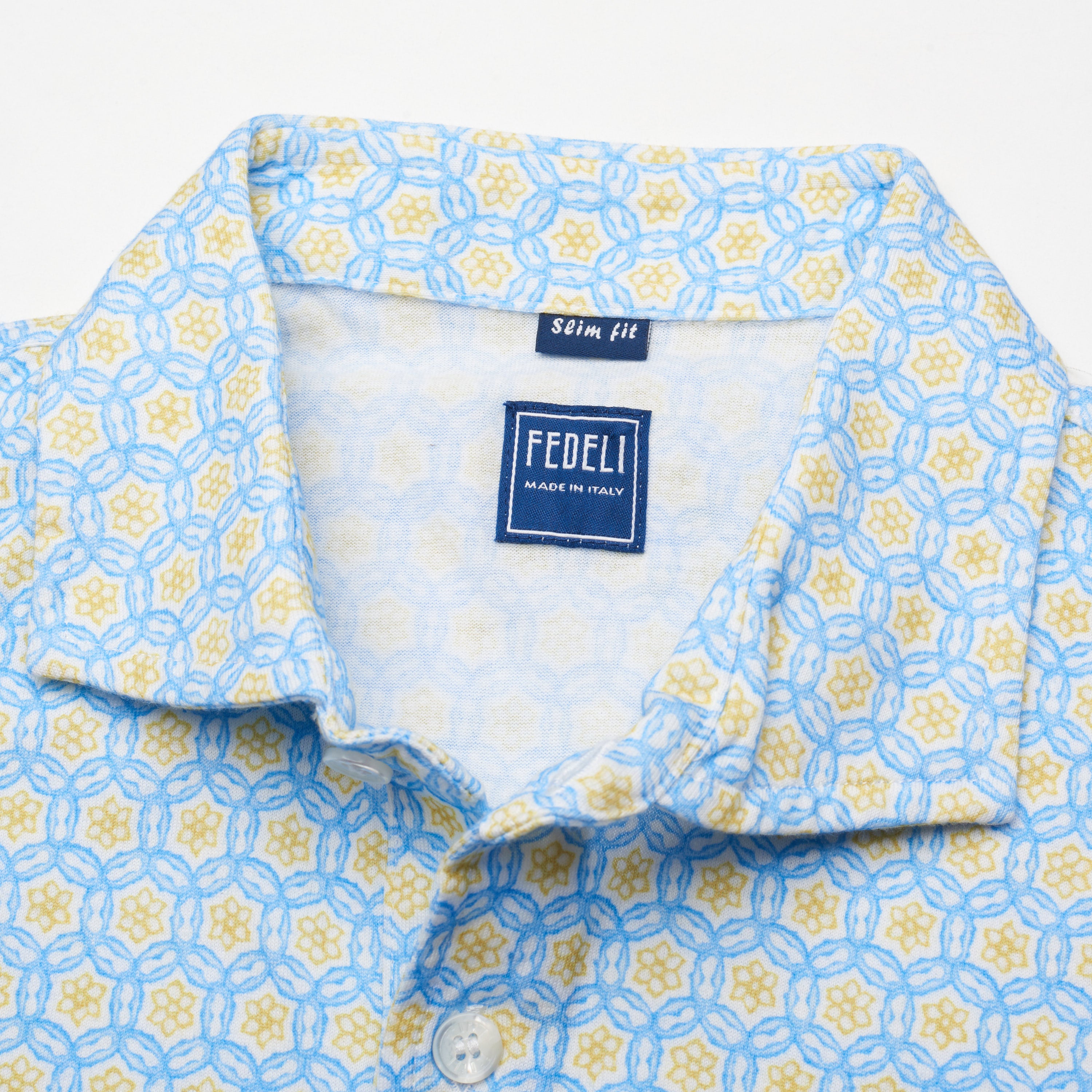 FEDELI "Zero" Blue-Yellow Floral Medallion Cotton Jersey Supima Polo Shirt NEW FEDELI