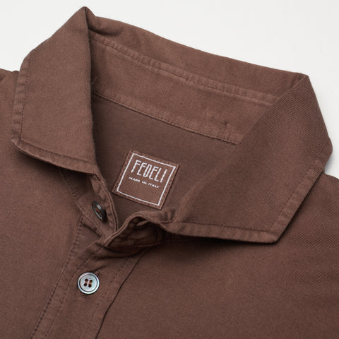 FEDELI "Zero" Solid Brown Cotton Jersey Long Sleeve Polo Shirt EU 54 NEW US XL