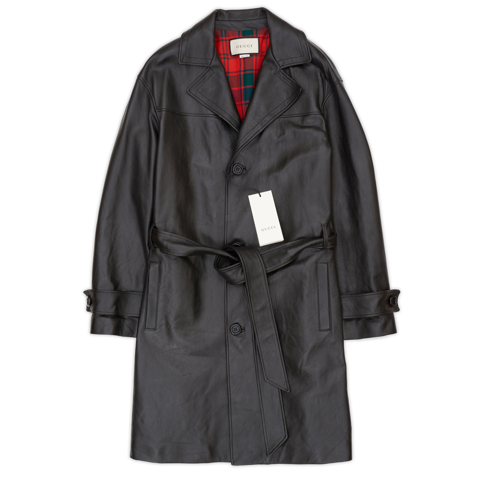 GUCCI Black Lambskin Leather Wool Lined Belted Women's Coat EU 40 NEW US 8