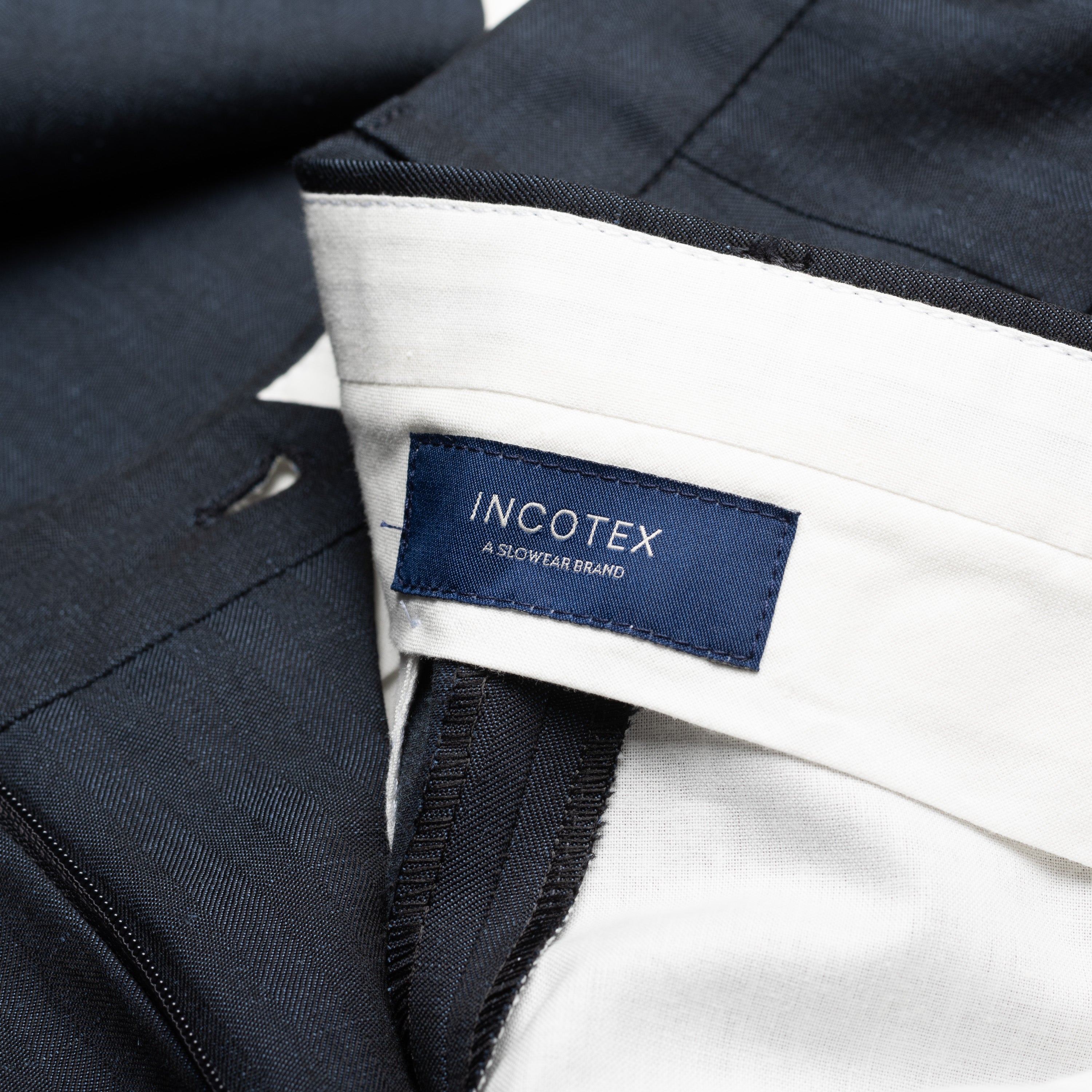 INCOTEX (Slowear) Dark Blue Herringbone Wool-Linen Flat Front Pants NEW Slim Fit INCOTEX