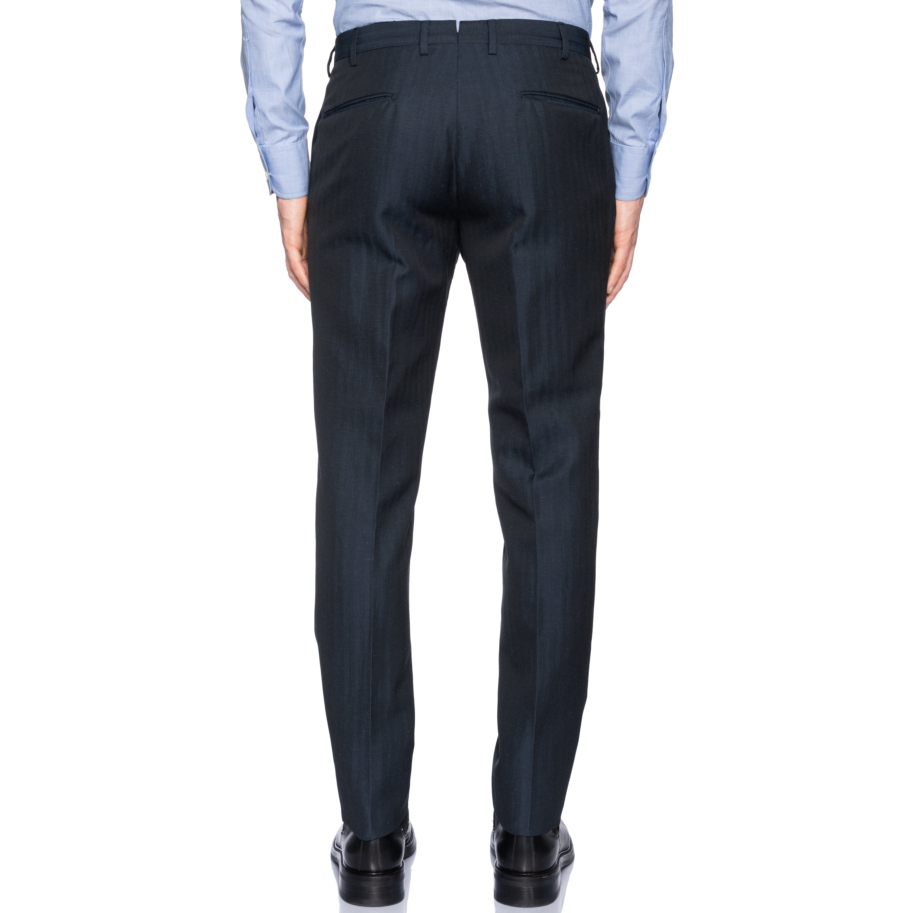 INCOTEX (Slowear) Dark Blue Herringbone Wool-Linen Flat Front Pants NEW Slim Fit INCOTEX
