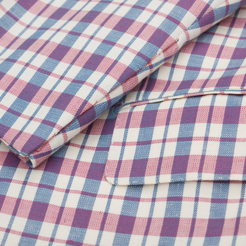ISAIA Napoli Handmade "Base S" Pink-Blue Plaid Linen-Cotton Jacket EU 52 NEW US 42