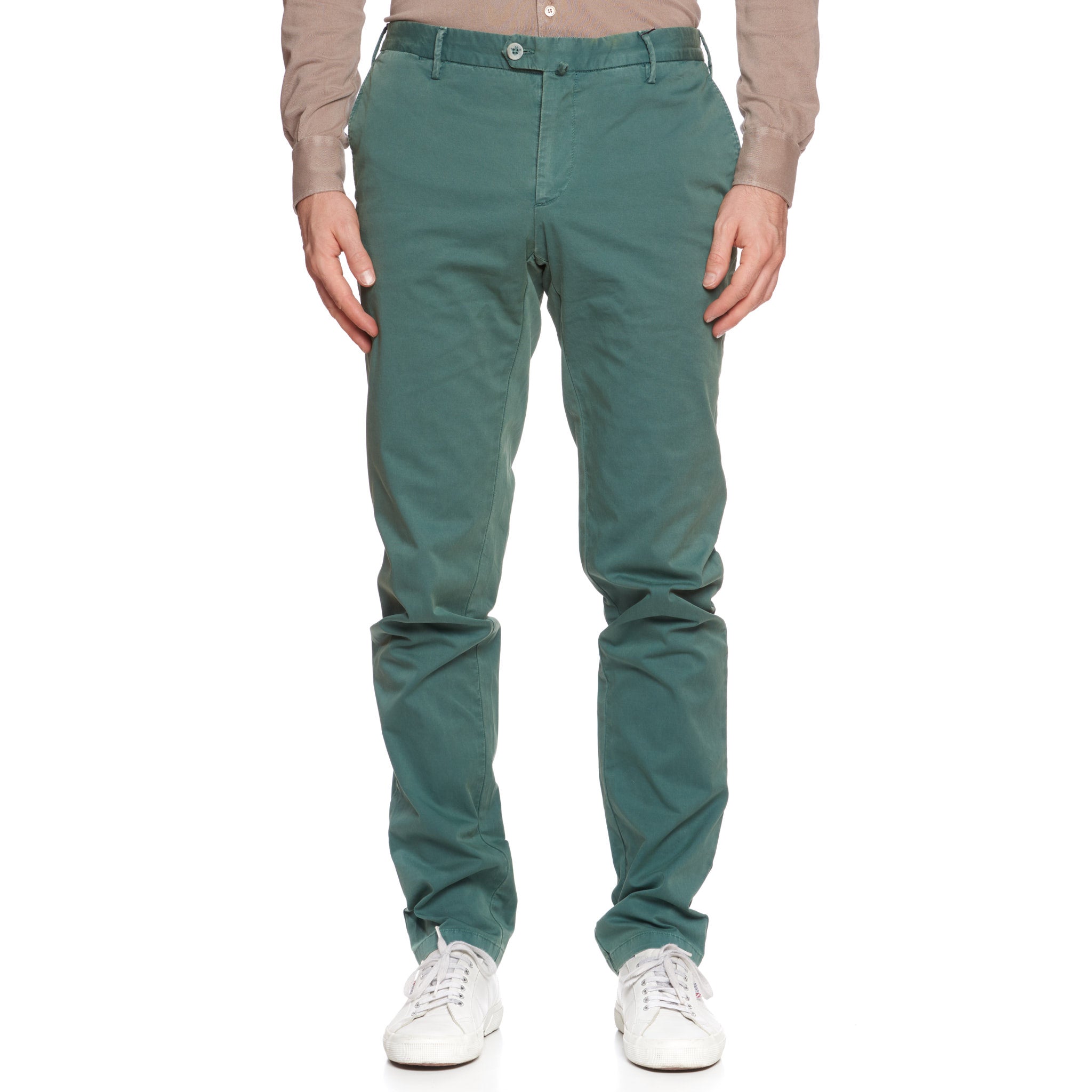 ISAIA Napoli "Tinto Slim" Green Twill Cotton Flat Front Pants NEW Slim Fit ISAIA