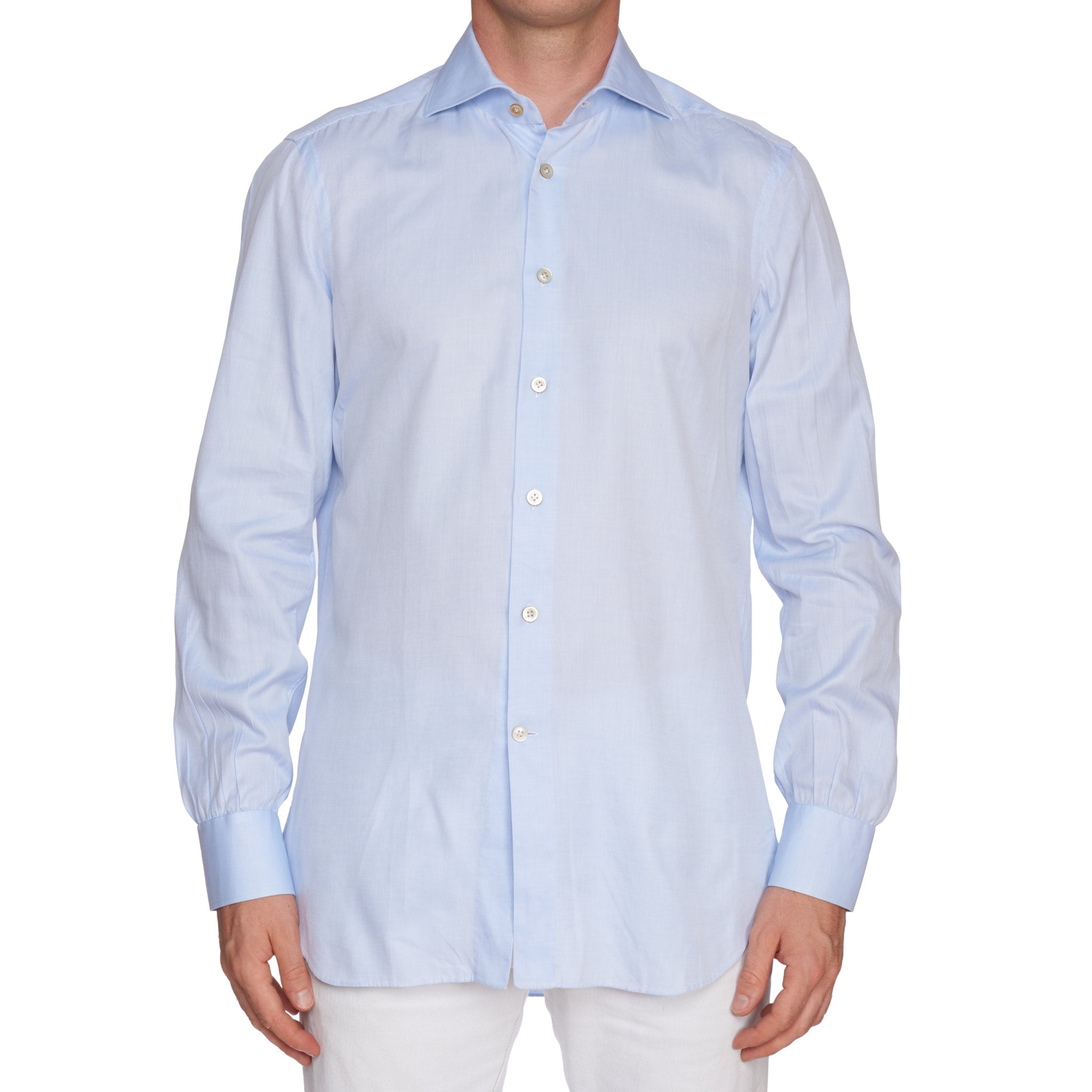 KITON Napoli Handmade Bespoke Solid Blue Twill Cotton Dress Shirt EU 40 US 15.75