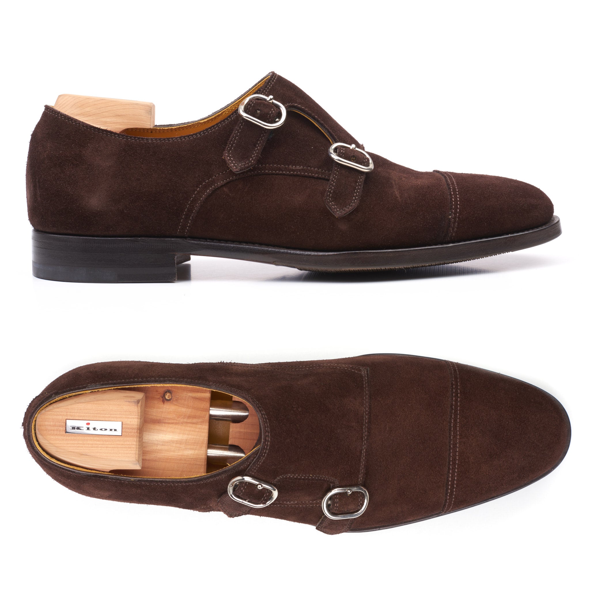 KITON Napoli Handmade Brown Calfskin Suede Leather Double Monk Shoes US 9.5 NEW KITON