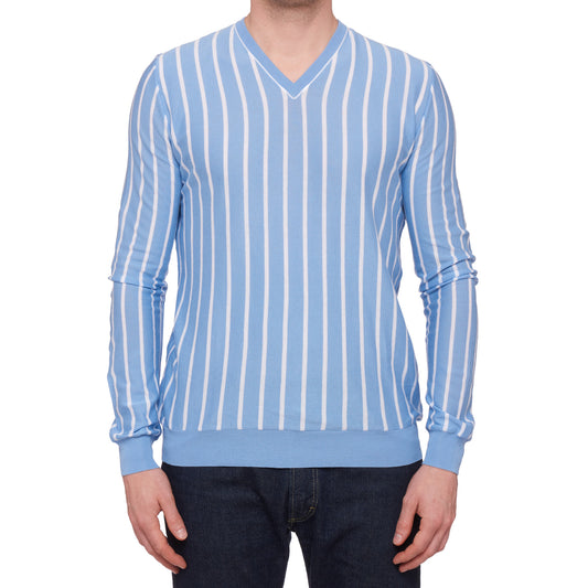 KITON Napoli Handmade Light Blue Striped Cotton V-Neck Sweater EU 50 NEW US M