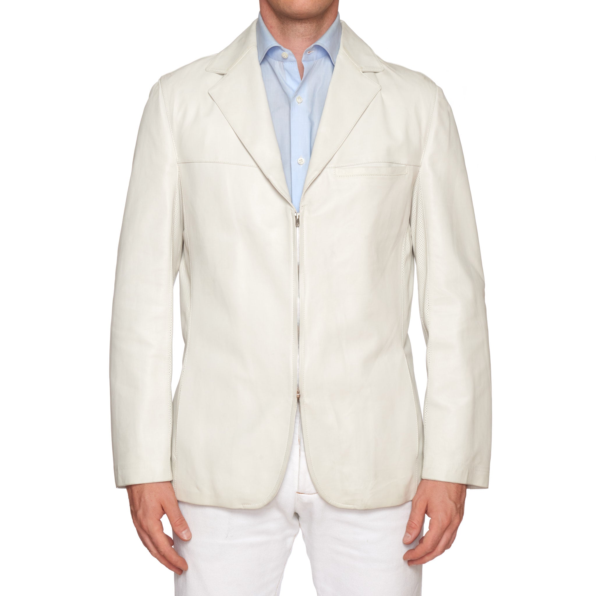 KITON Napoli Off-White Leather Jacket Coat with Perforated Details EU 50 US 40