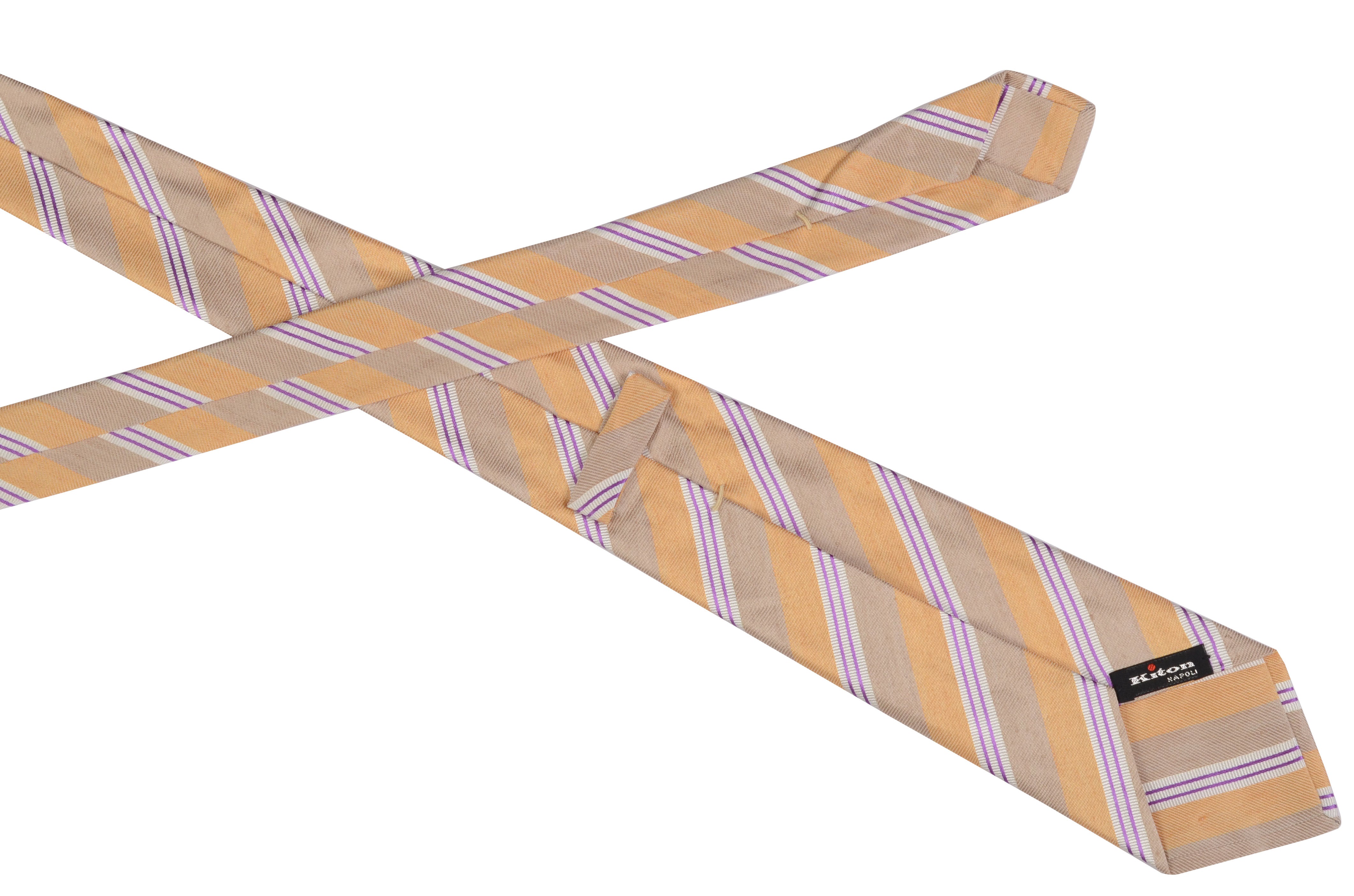 KITON Napoli Hand-Made Seven Fold Beige-Orange Striped Silk Tie NEW