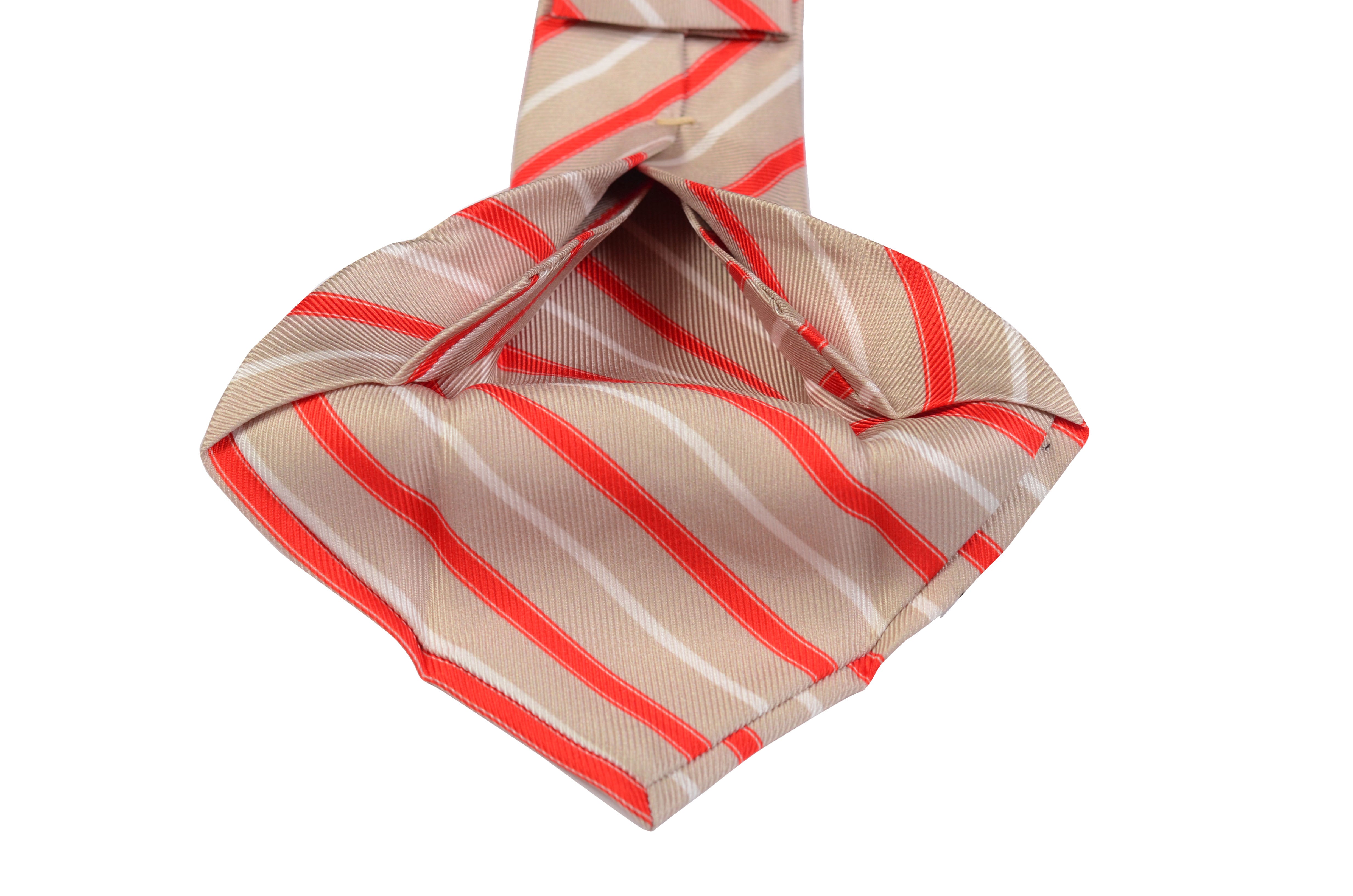 KITON Napoli Hand-Made Seven Fold Beige Striped Silk Tie NEW