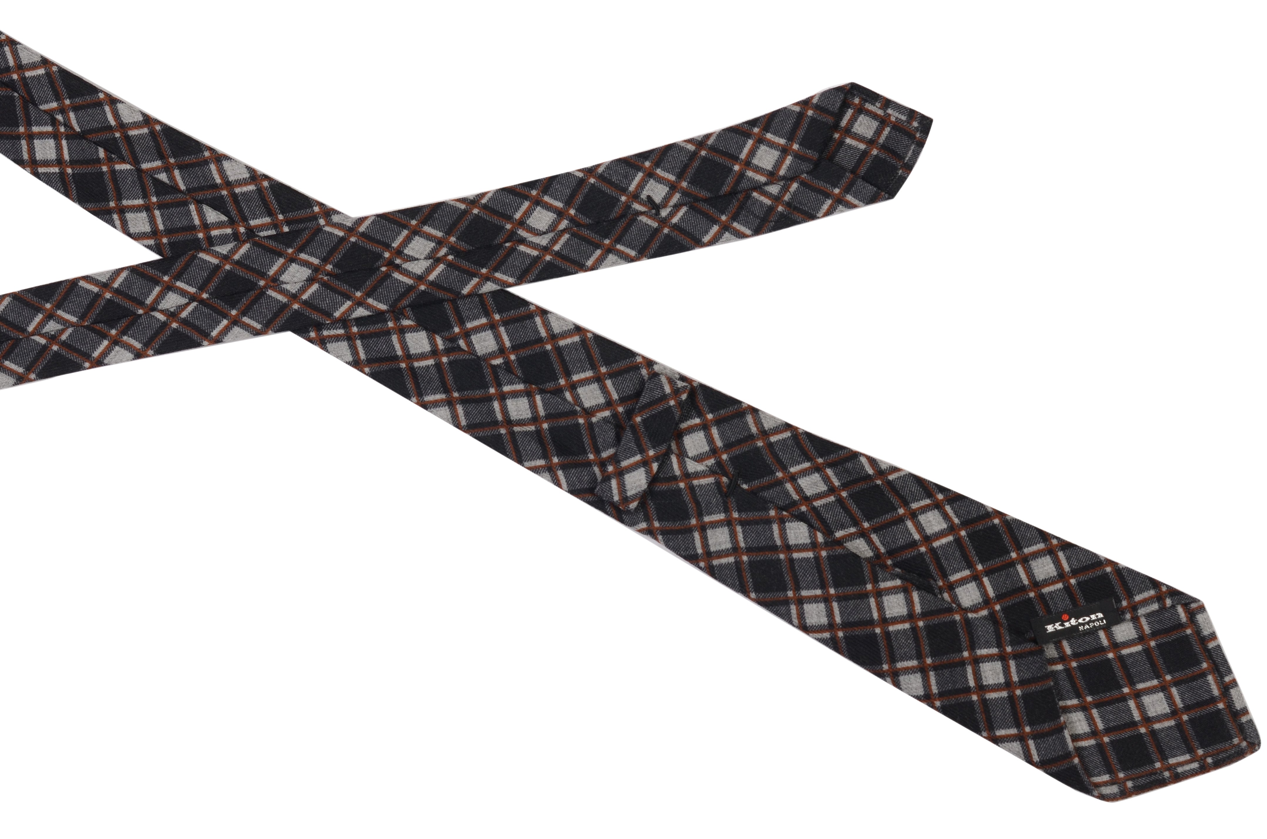 KITON Napoli Hand-Made Seven Fold Gray Wool-Silk Plaid Tie NEW