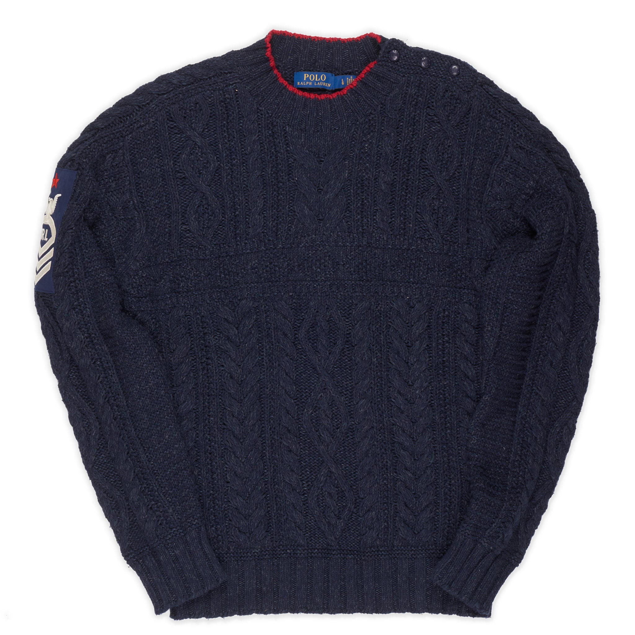 POLO RALPH LAUREN Navy Blue Cable Knit Crewneck Sweater Navy Badge NEW US L
