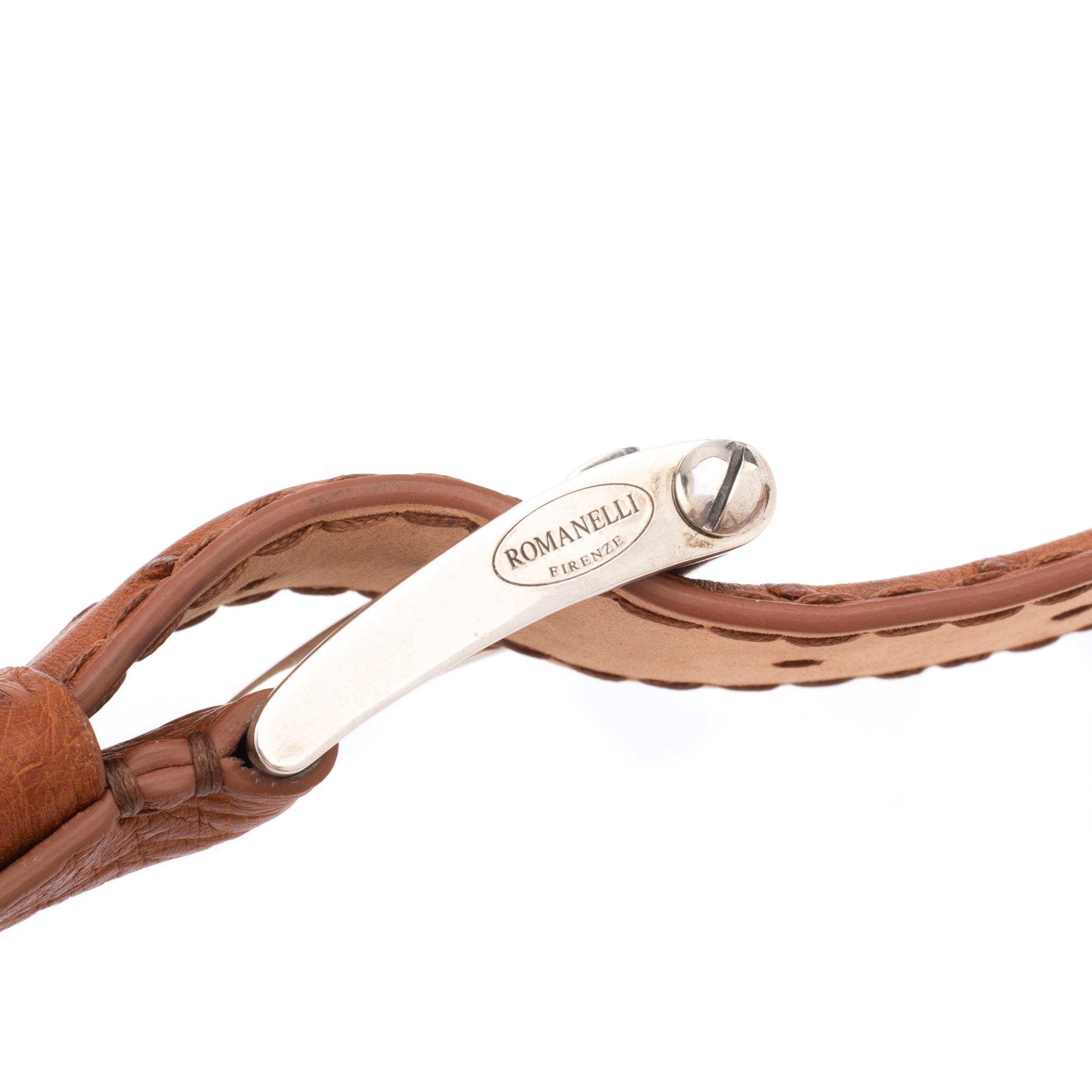 ROMANELLI Firenze Light Brown Ostrich Silver-Horn Buckle Belt 85cm 34" NEW