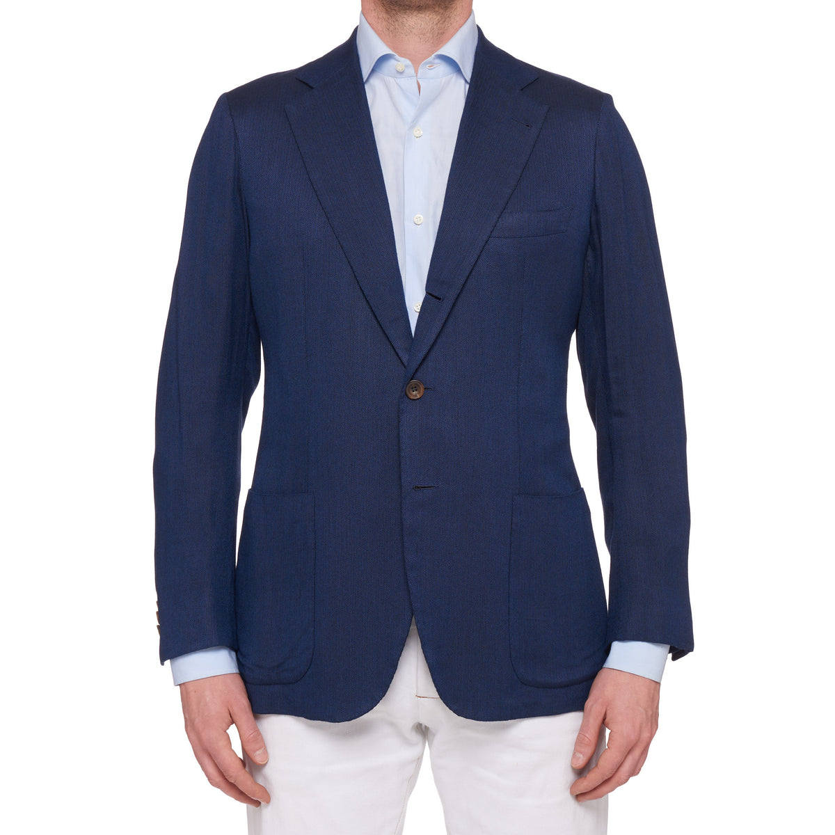 RUBINACCI LH Bespoke Blue Herringbone Wool Silk Cashmere Jacket EU 50 US 40